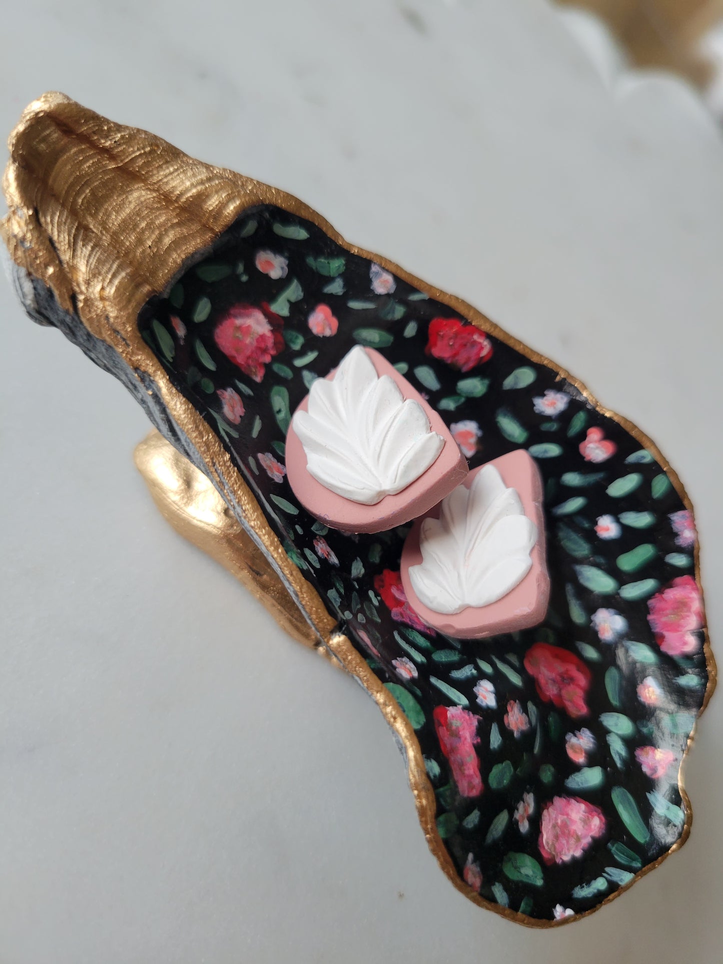 Black Oyster Shell Ring Dish: Handpainted Pink Florals