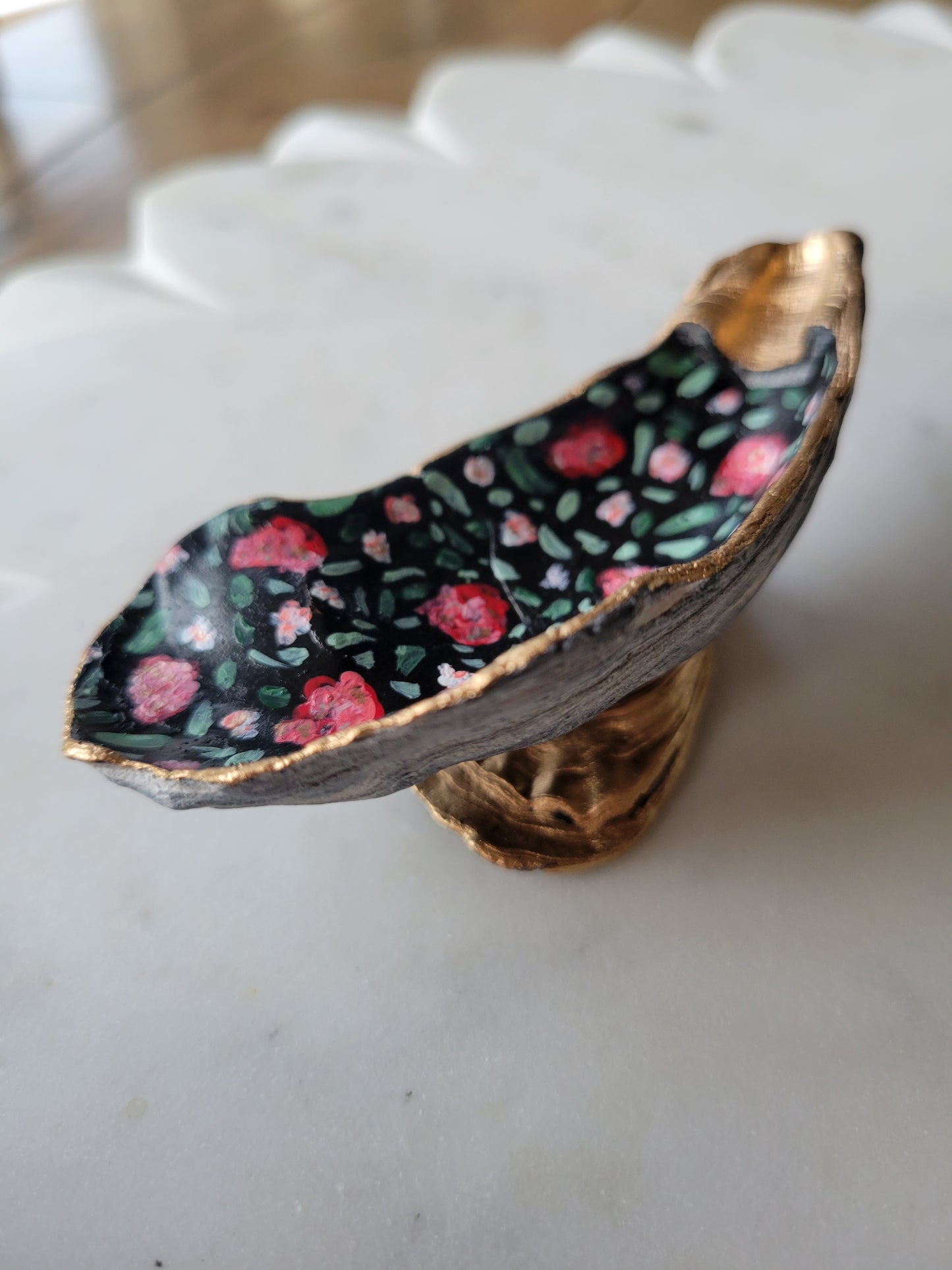 Black Oyster Shell Ring Dish: Handpainted Pink Florals