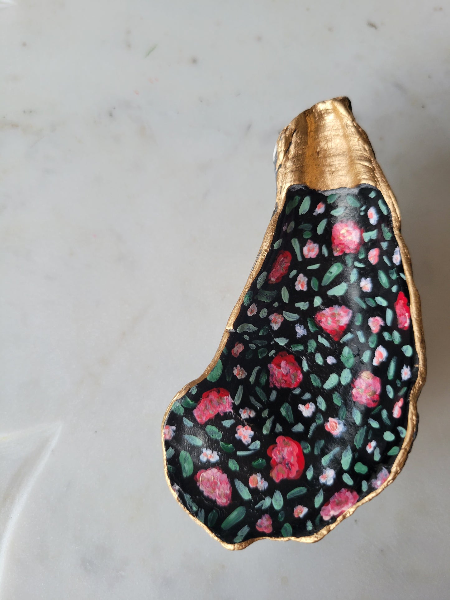 Black Oyster Shell Ring Dish: Handpainted Pink Florals