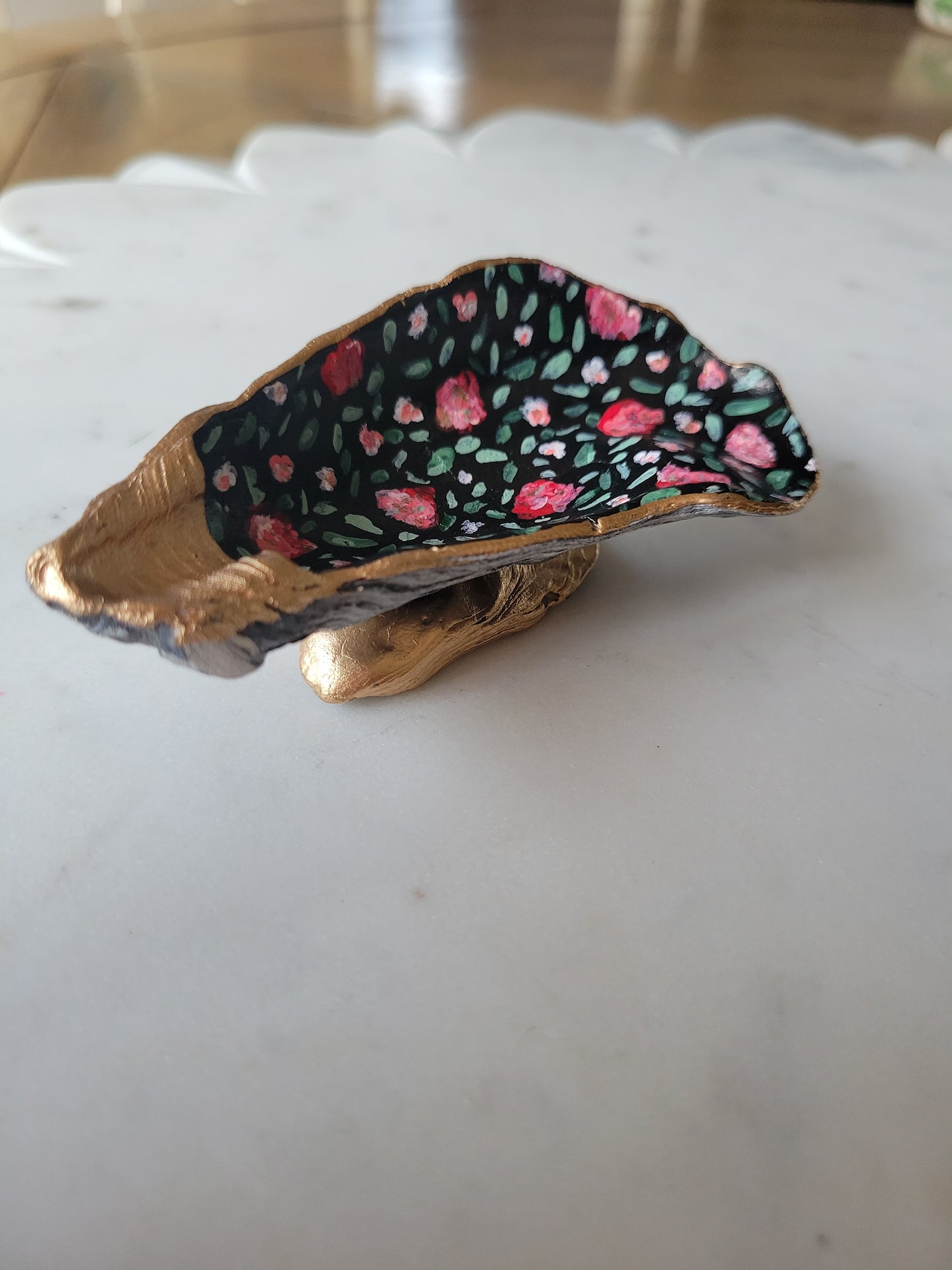 Black Oyster Shell Ring Dish: Handpainted Pink Florals