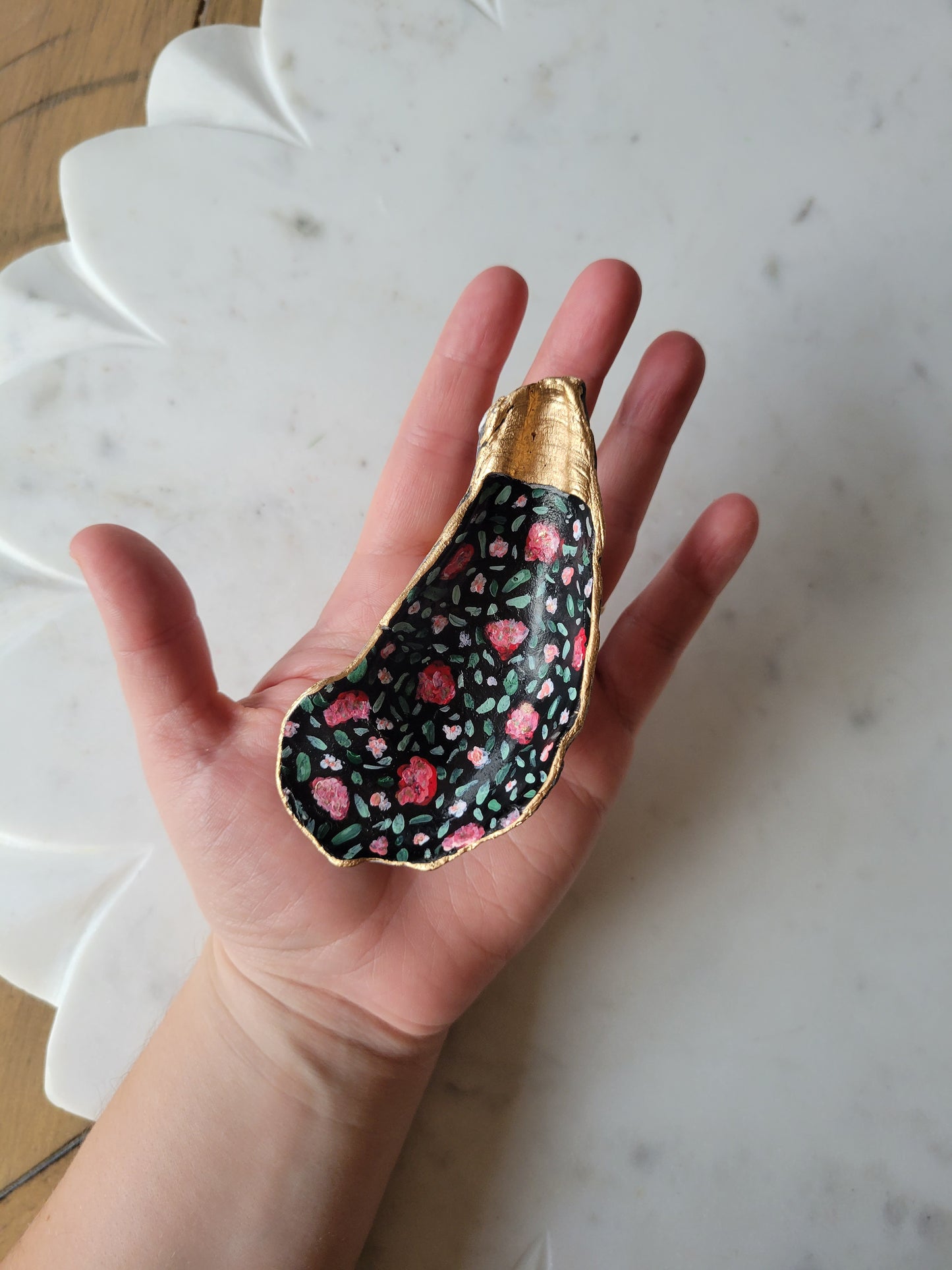 Black Oyster Shell Ring Dish: Handpainted Pink Florals