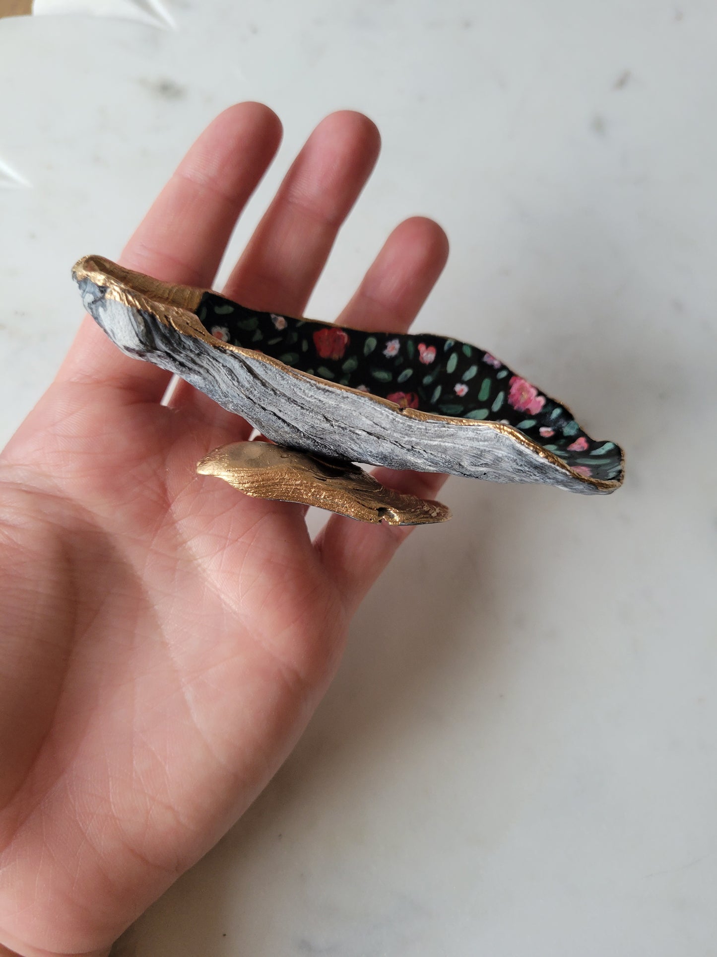 Black Oyster Shell Ring Dish: Handpainted Pink Florals