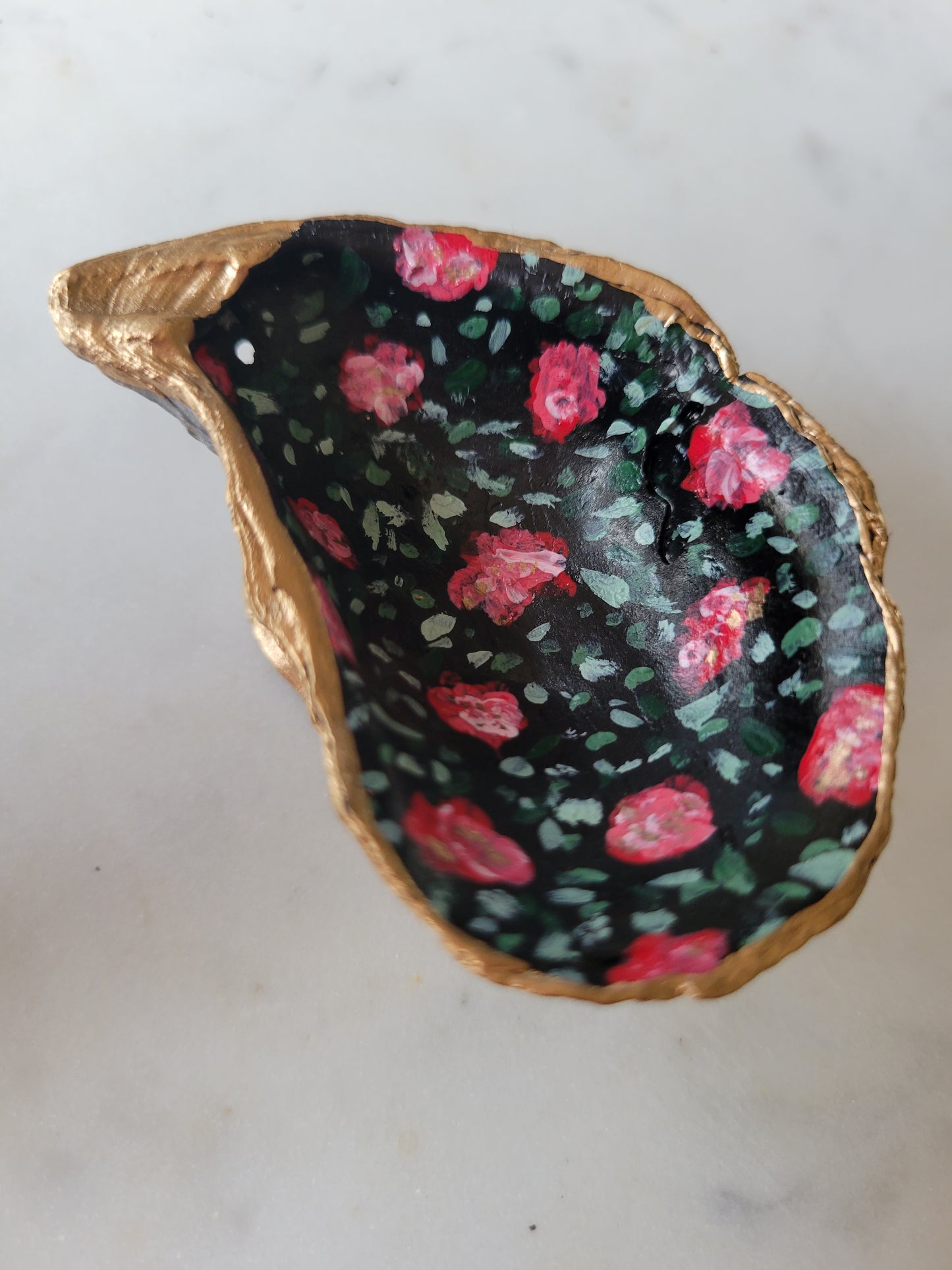 Small Black Oyster Shell Ring Dish: Handpainted Pink Florals