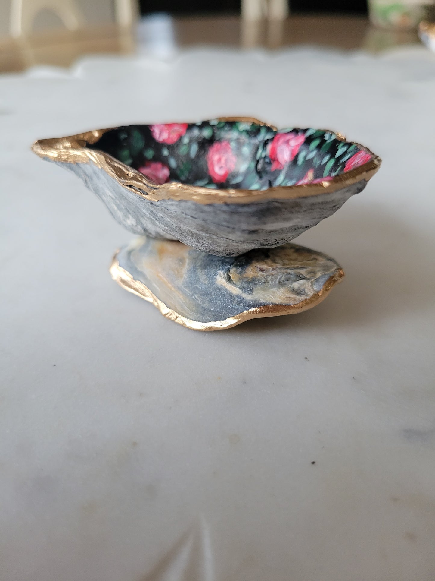 Small Black Oyster Shell Ring Dish: Handpainted Pink Florals