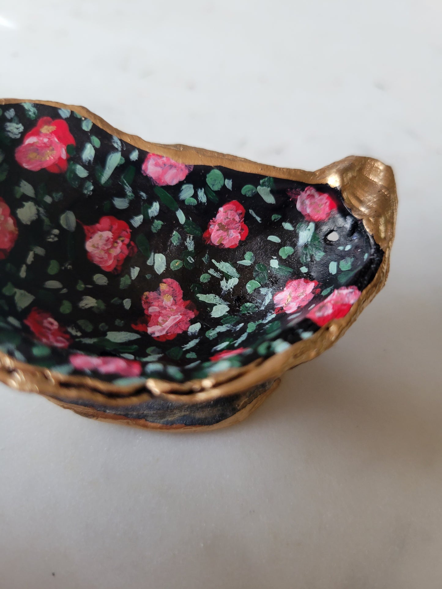 Small Black Oyster Shell Ring Dish: Handpainted Pink Florals