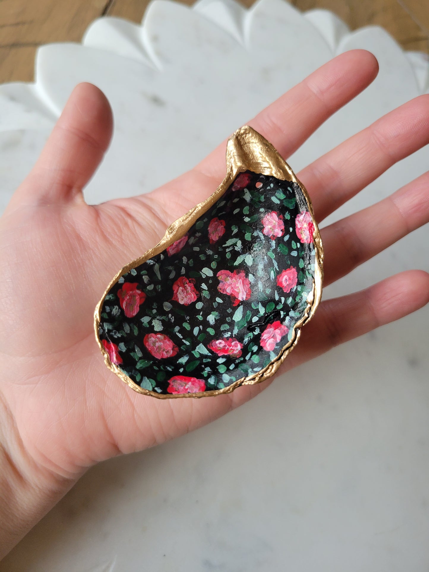 Small Black Oyster Shell Ring Dish: Handpainted Pink Florals