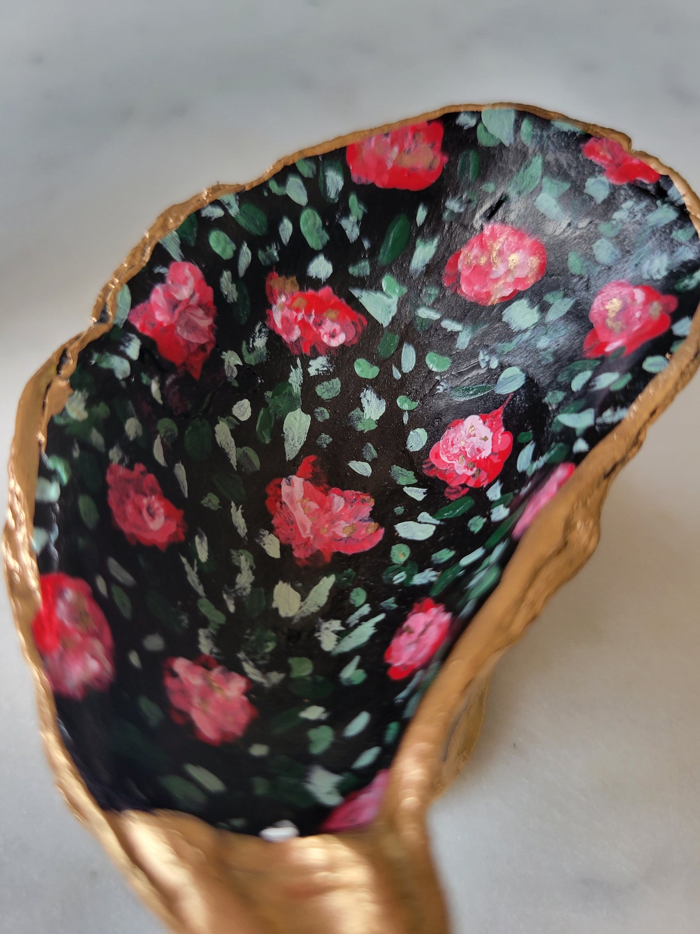 Small Black Oyster Shell Ring Dish: Handpainted Pink Florals