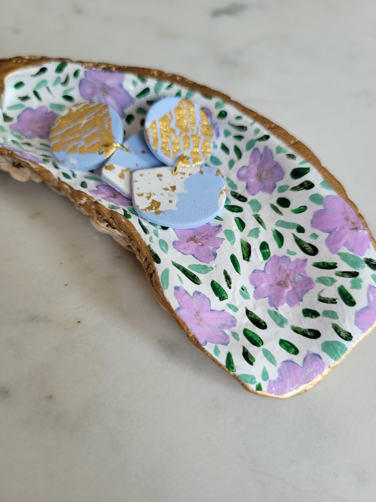 Oyster Shell Catch-All Dish: Handpainted Lavender Florals (Gold Embellishment)
