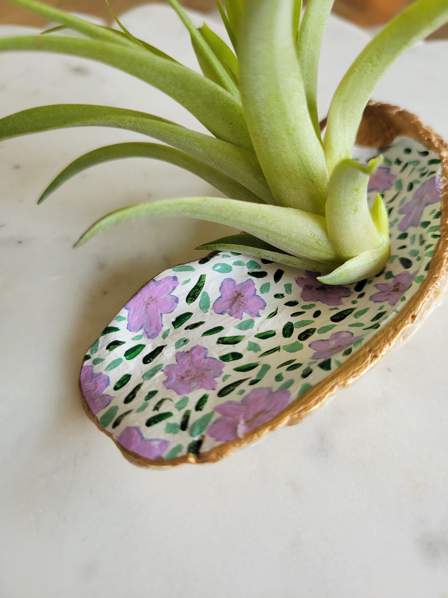 Oyster Shell Catch-All Dish: Handpainted Lavender Florals (Gold Embellishment)