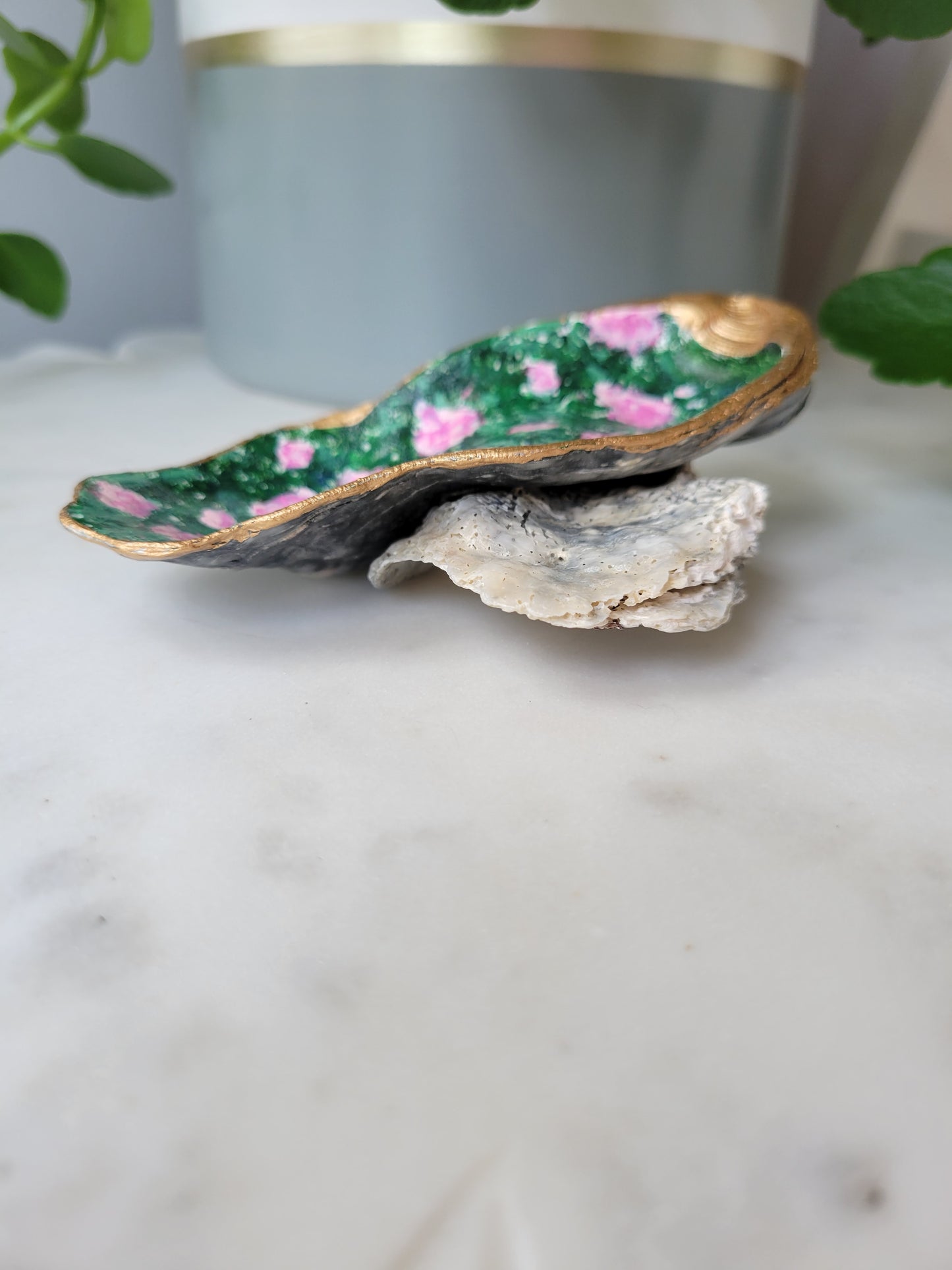 Oyster Shell Ring Dish: Handpainted Peonies