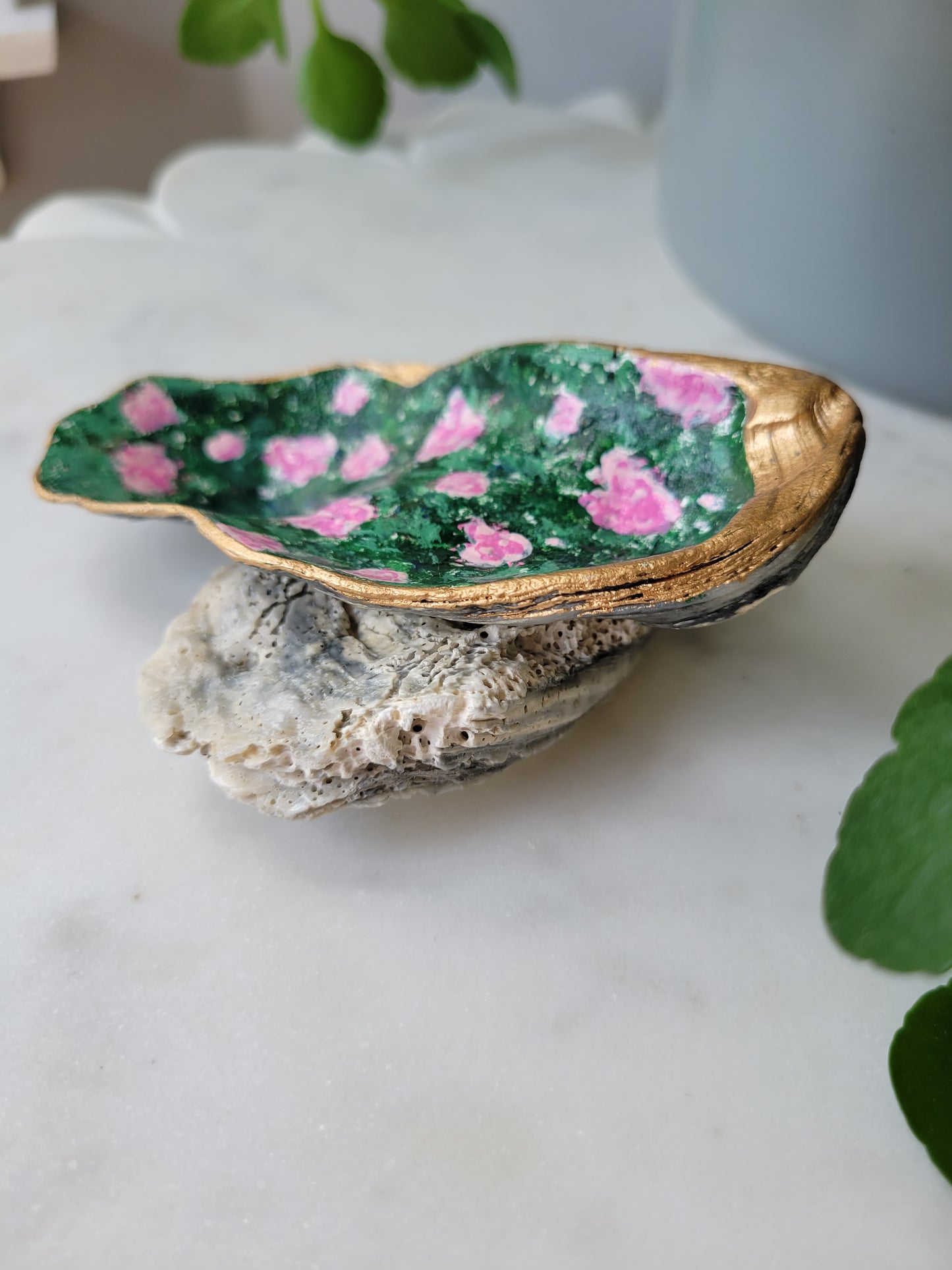 Oyster Shell Ring Dish: Handpainted Peonies