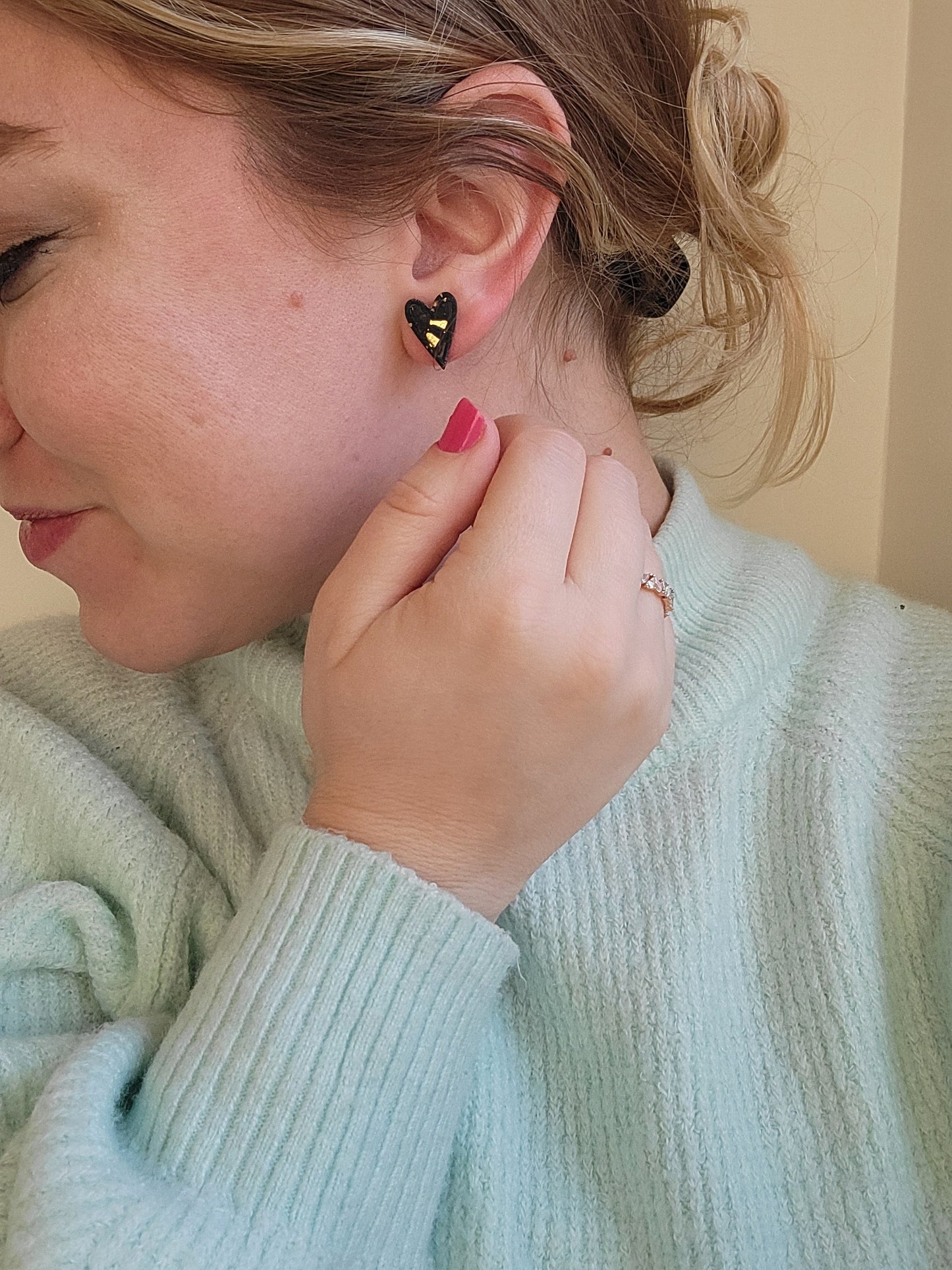 Gold Leaf Heart Studs: Black or White