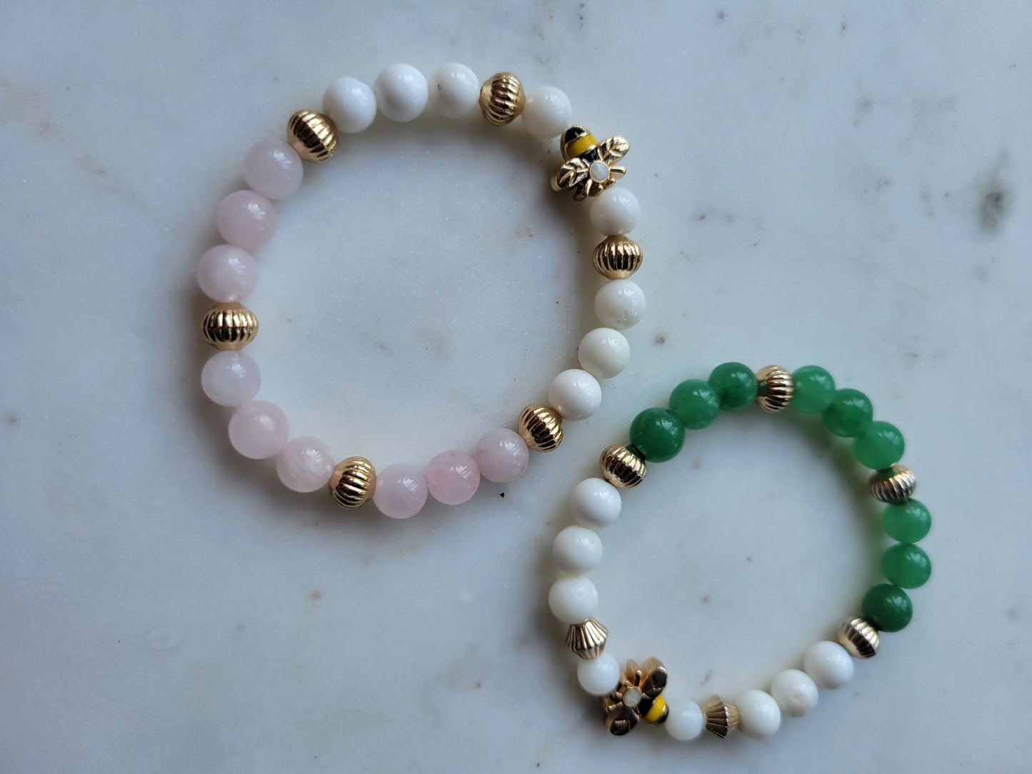 Bee Stack : Rose Quartz & Green Adventurine Bracelets (2)