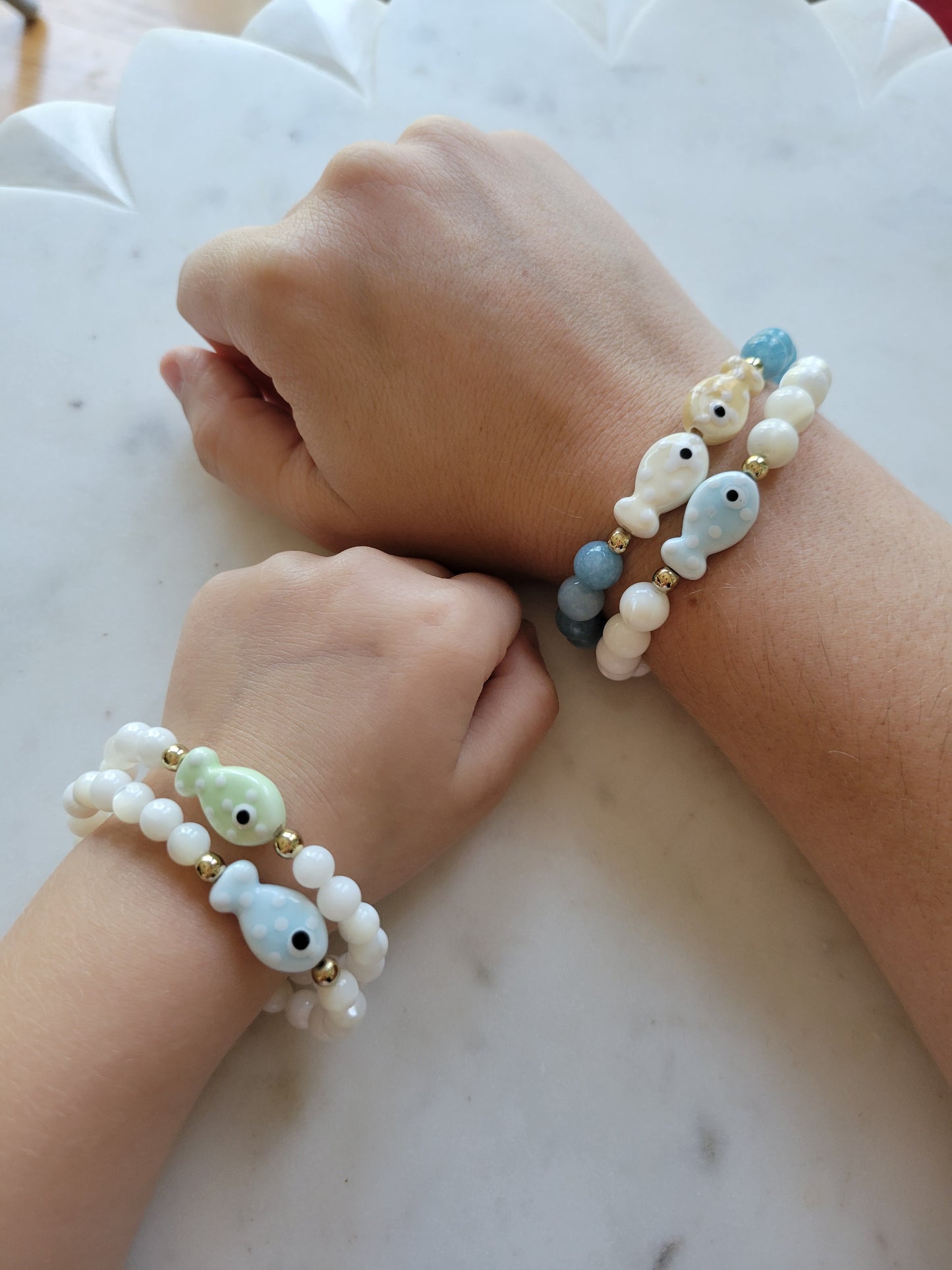 *Child's Size* Fish Beaded Bracelet: White Mother of Pearl