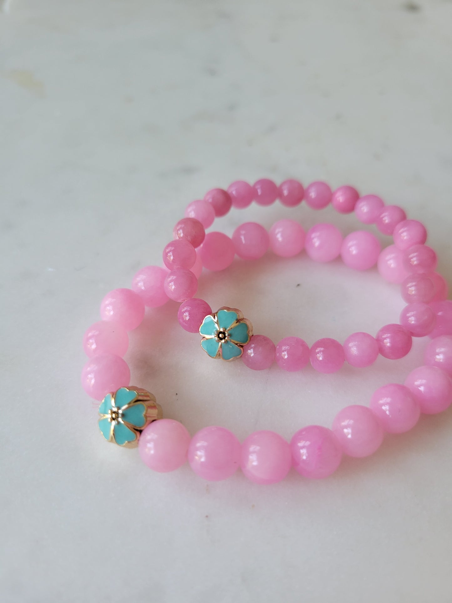 *Child's Size* Flower Child Stretchy Bracelet: Pink Jade