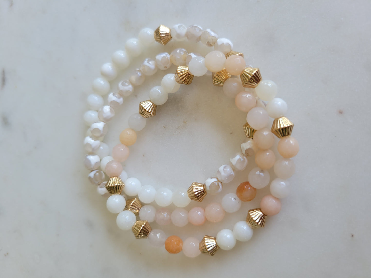 Adventurine, Lace Agate & Mother of Pearl Bracelet Stack (3)