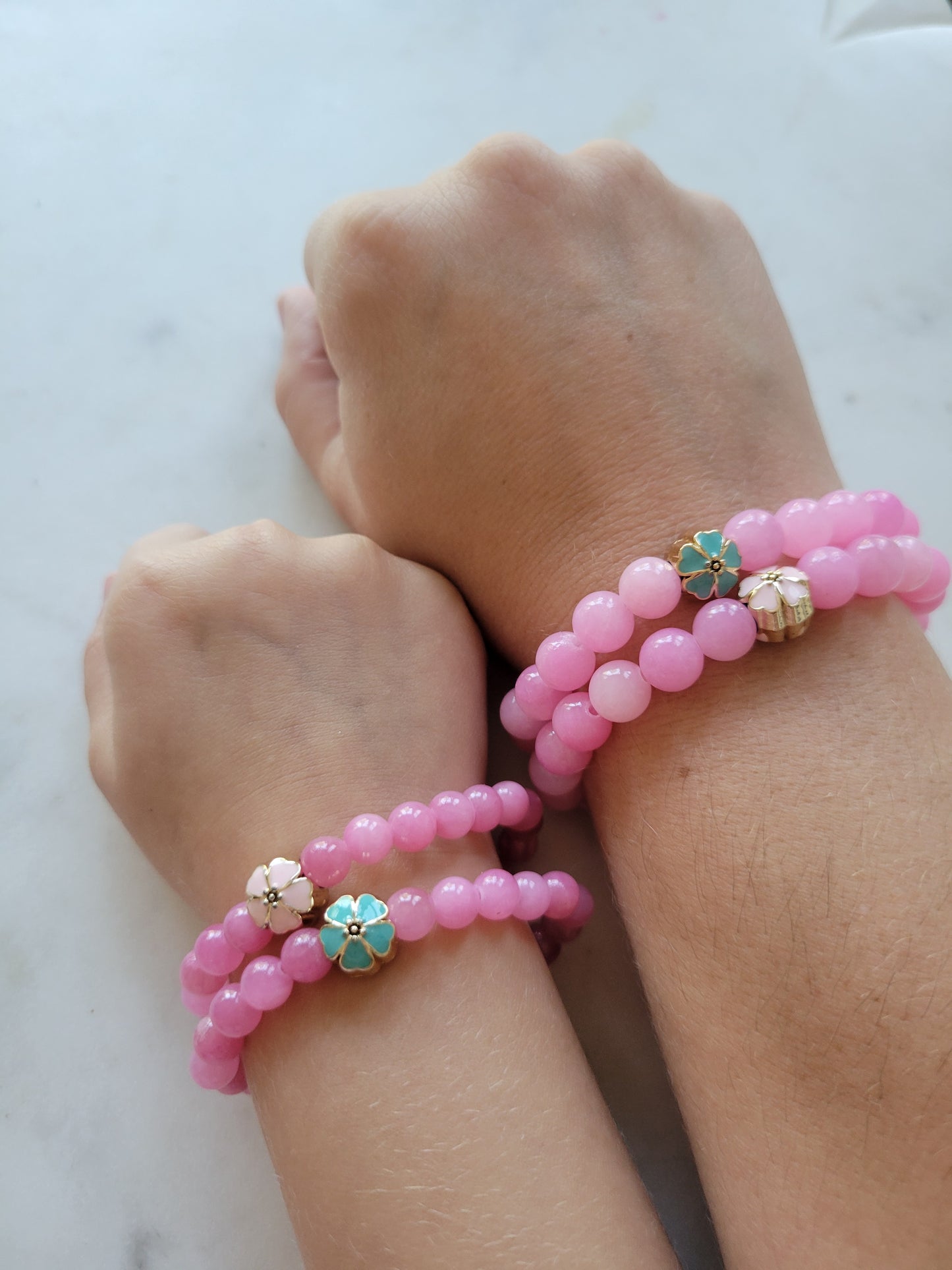 *Child's Size* Flower Child Stretchy Bracelet: Pink Jade