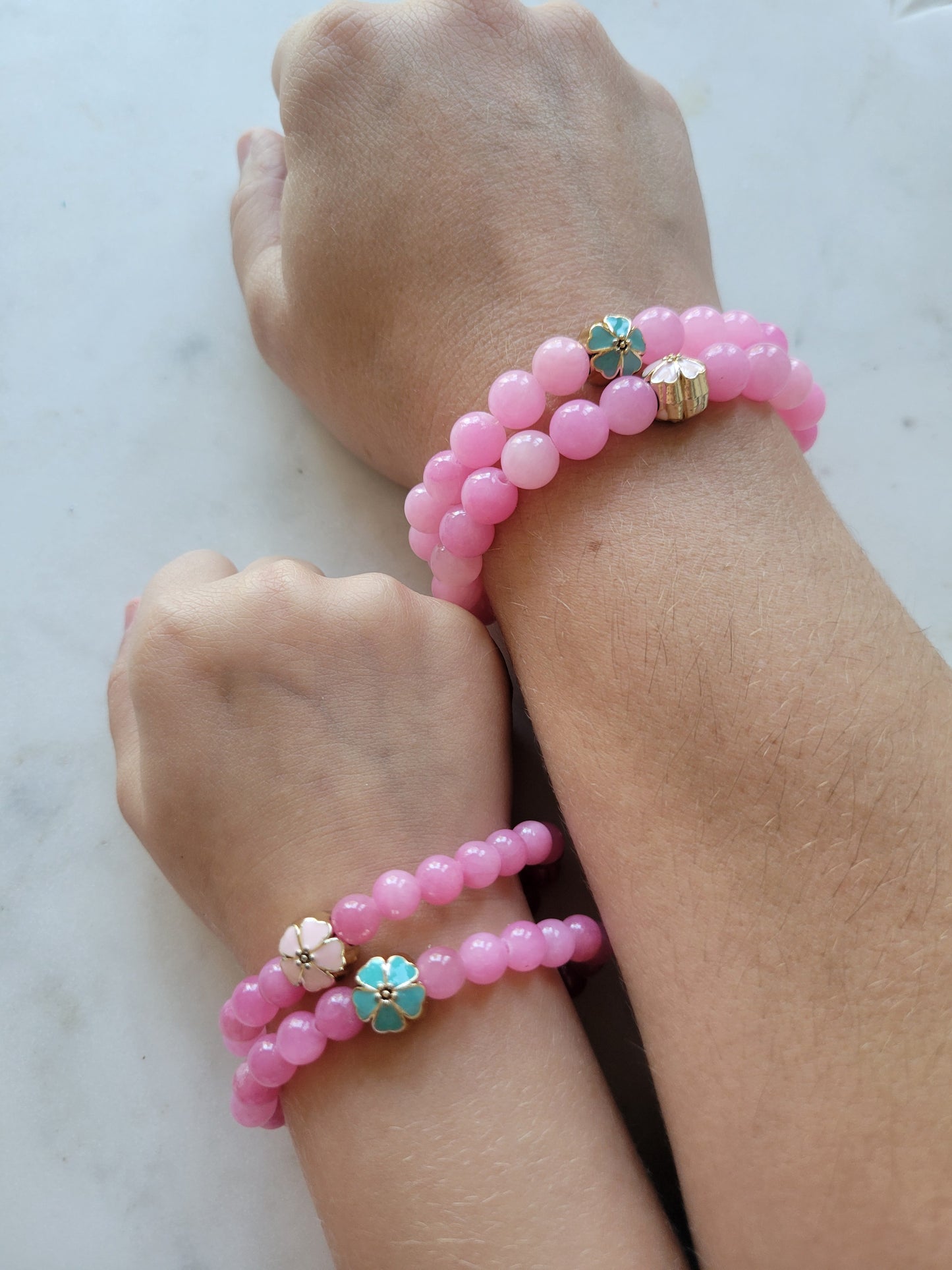 *Child's Size* Flower Child Stretchy Bracelet: Pink Jade