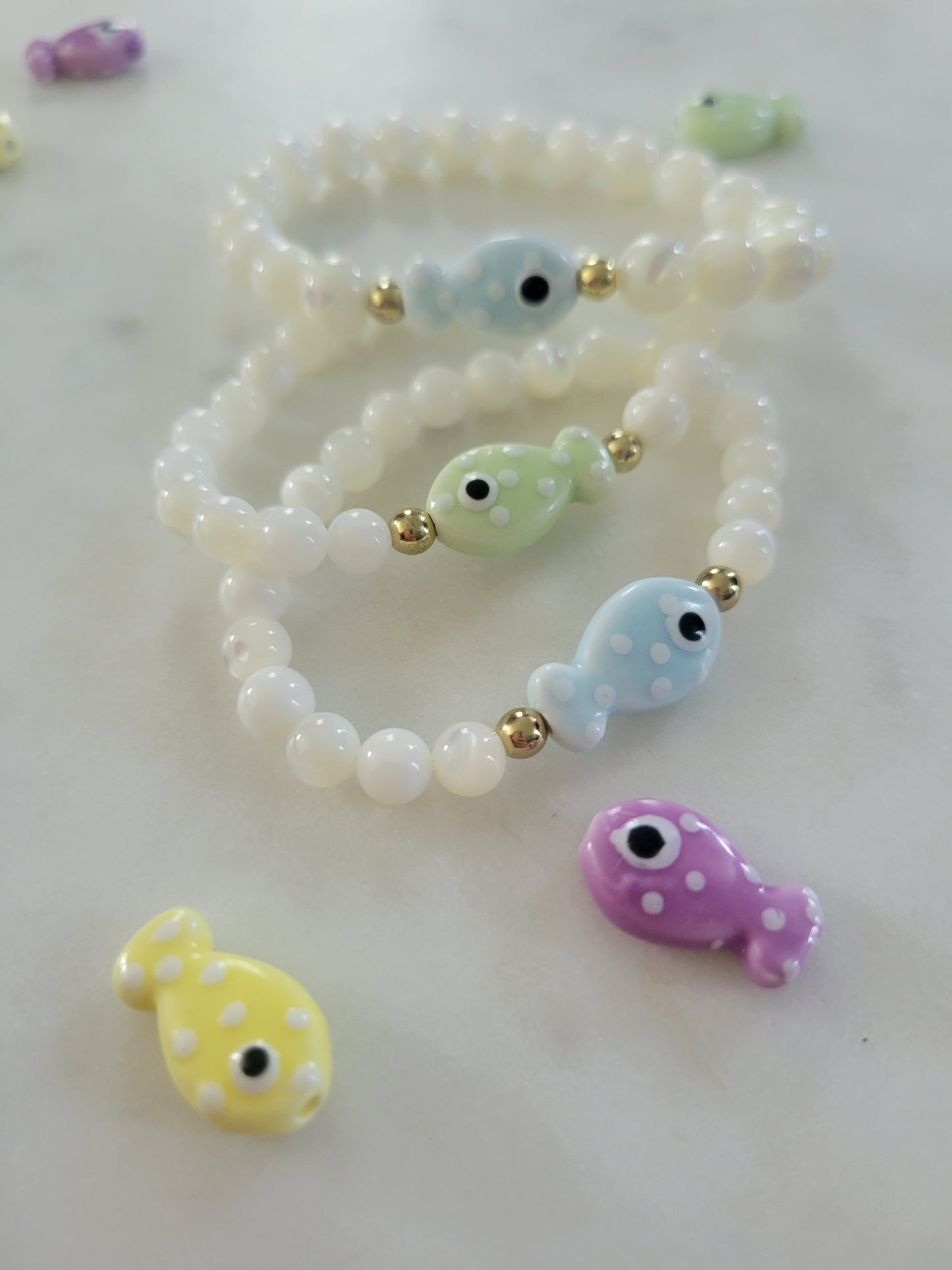 Fish Beaded Bracelet: White Mother of Pearl