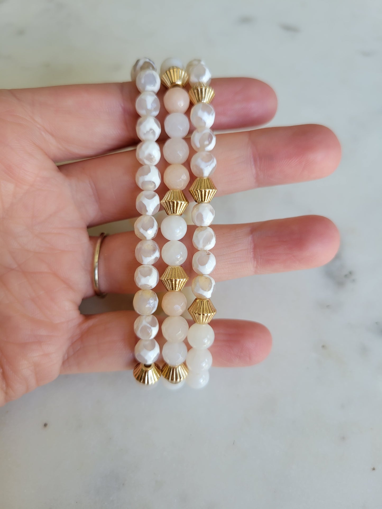 Adventurine, Lace Agate & Mother of Pearl Bracelet Stack (3)