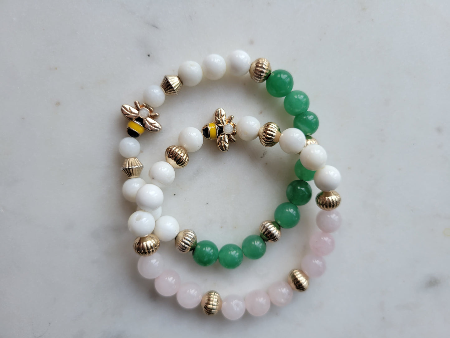 Bee Stack : Rose Quartz & Green Adventurine Bracelets (2)