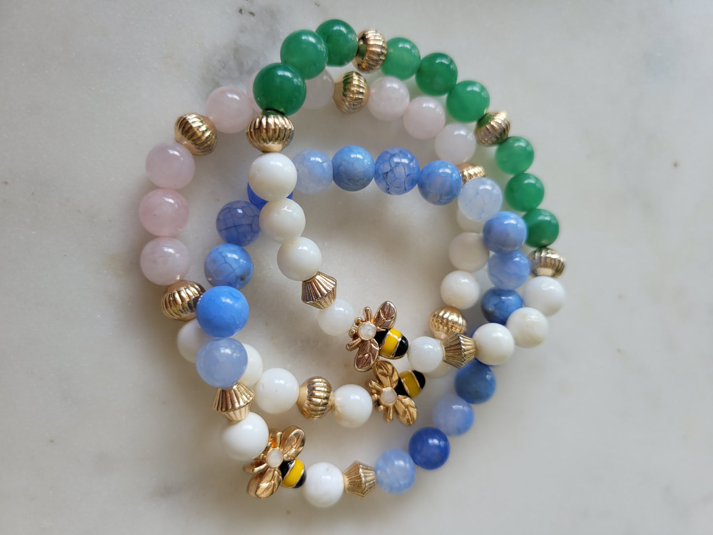 Bee Stack : Rose Quartz & Green Adventurine Bracelets (2)
