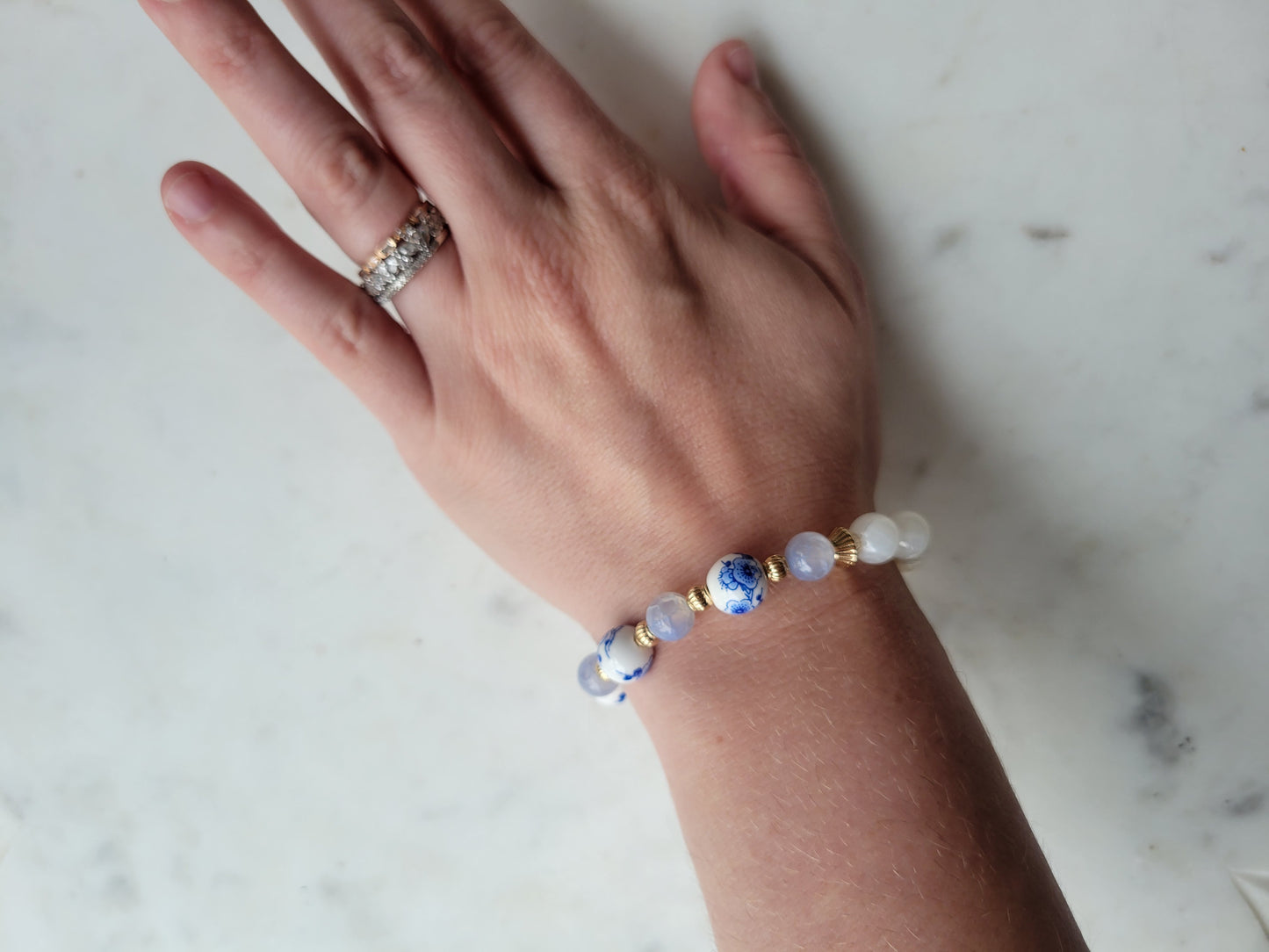 Cloisonne, Blue Fire Agate & Shell Beaded Bracelet