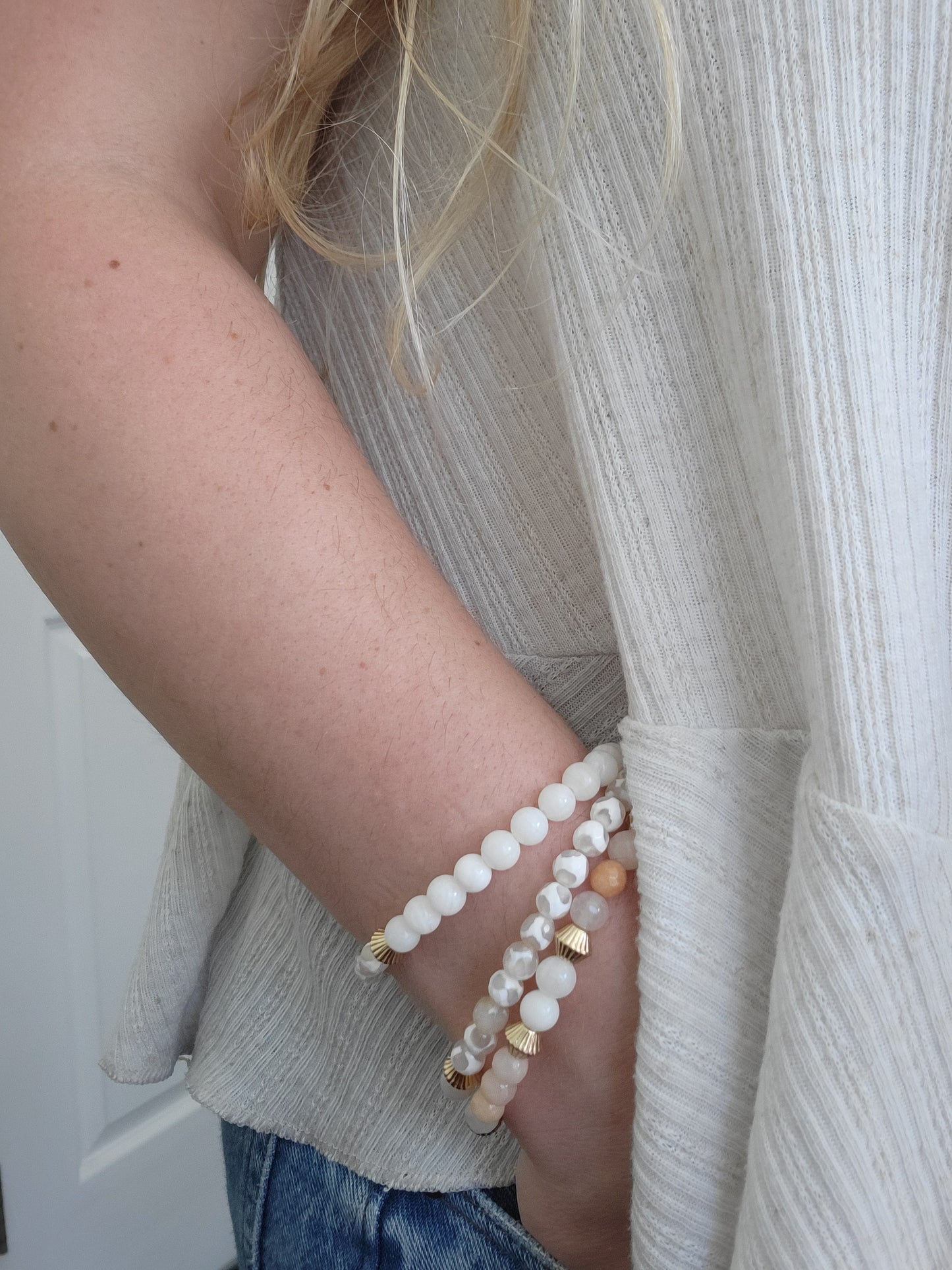 Adventurine, Lace Agate & Mother of Pearl Bracelet Stack (3)