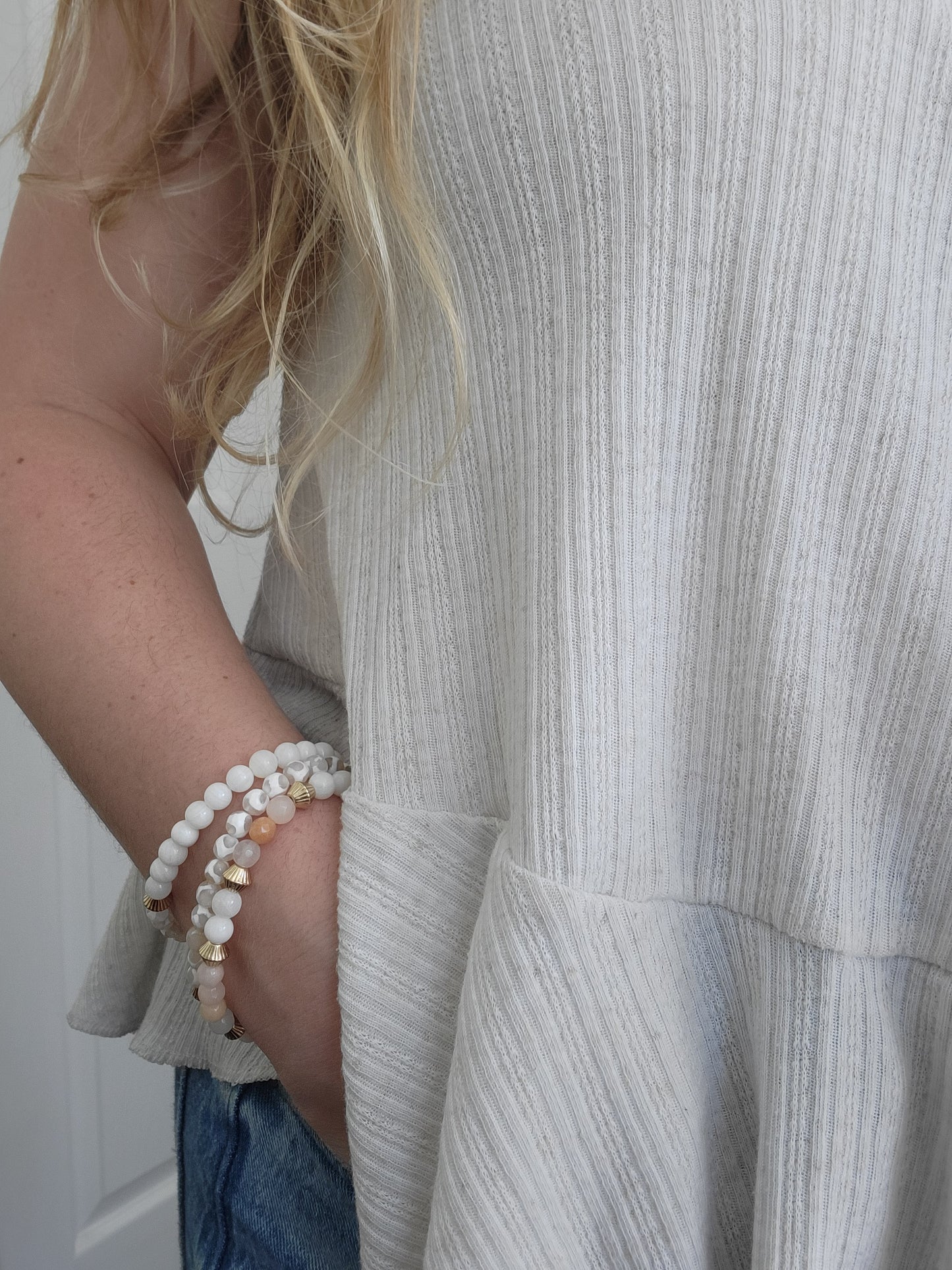 Adventurine, Lace Agate & Mother of Pearl Bracelet Stack (3)