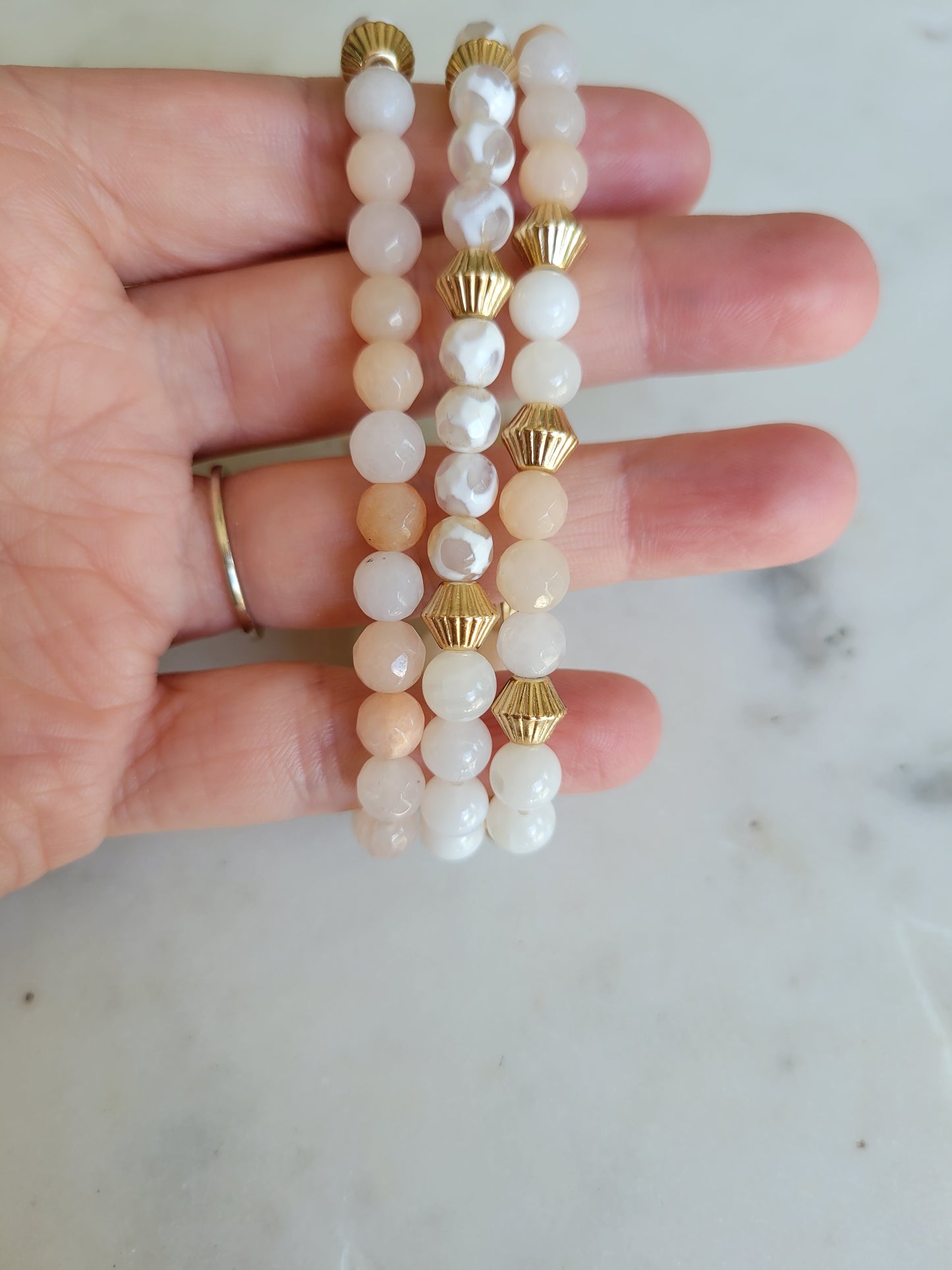 Adventurine, Lace Agate & Mother of Pearl Bracelet Stack (3)