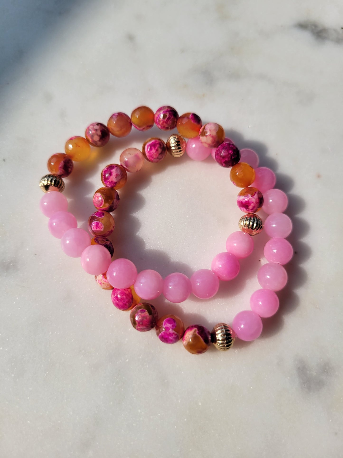 Pink Jade & Orange Fire Agate Beaded Bracelet