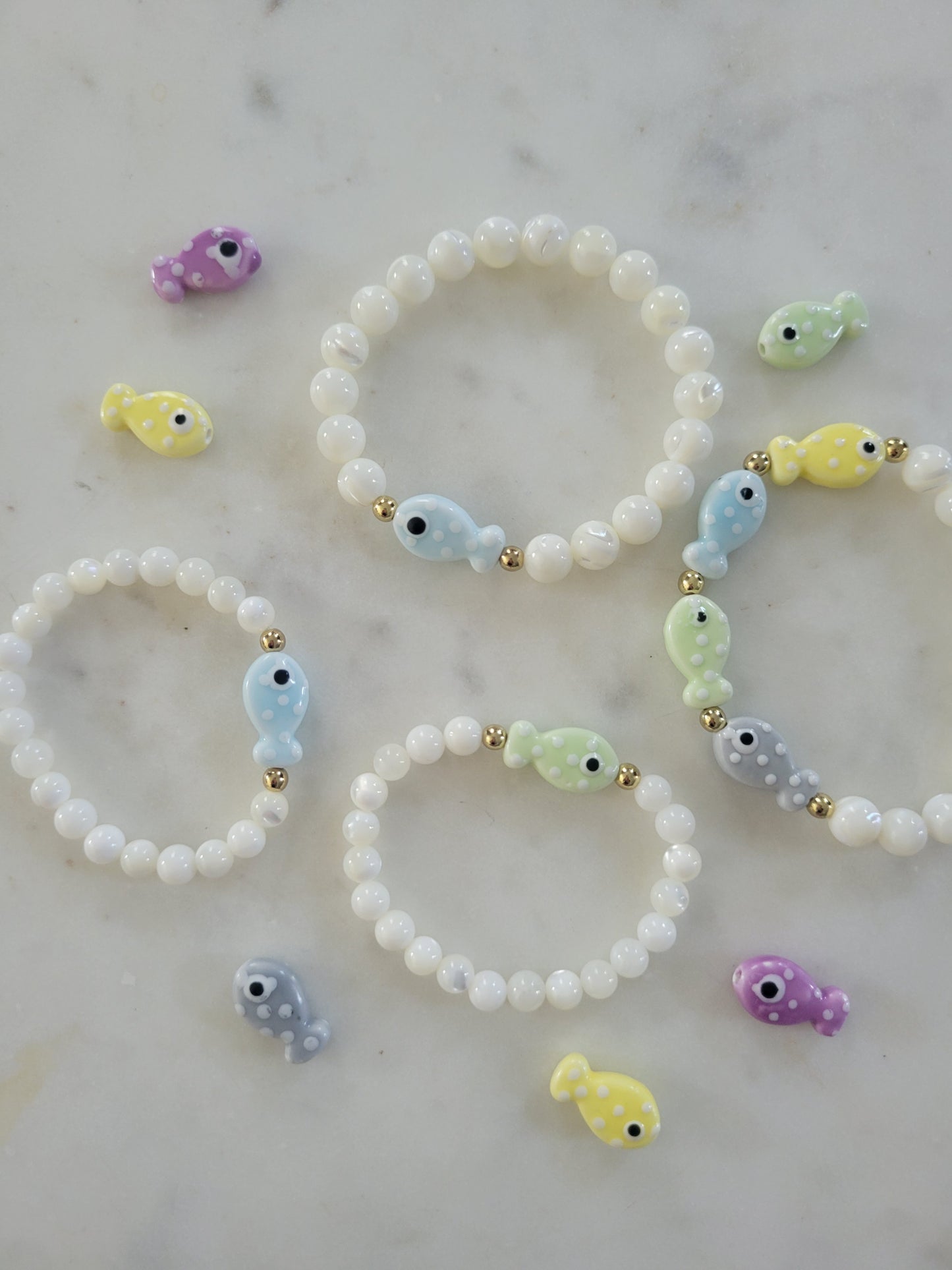 Fish Beaded Bracelet: White Mother of Pearl