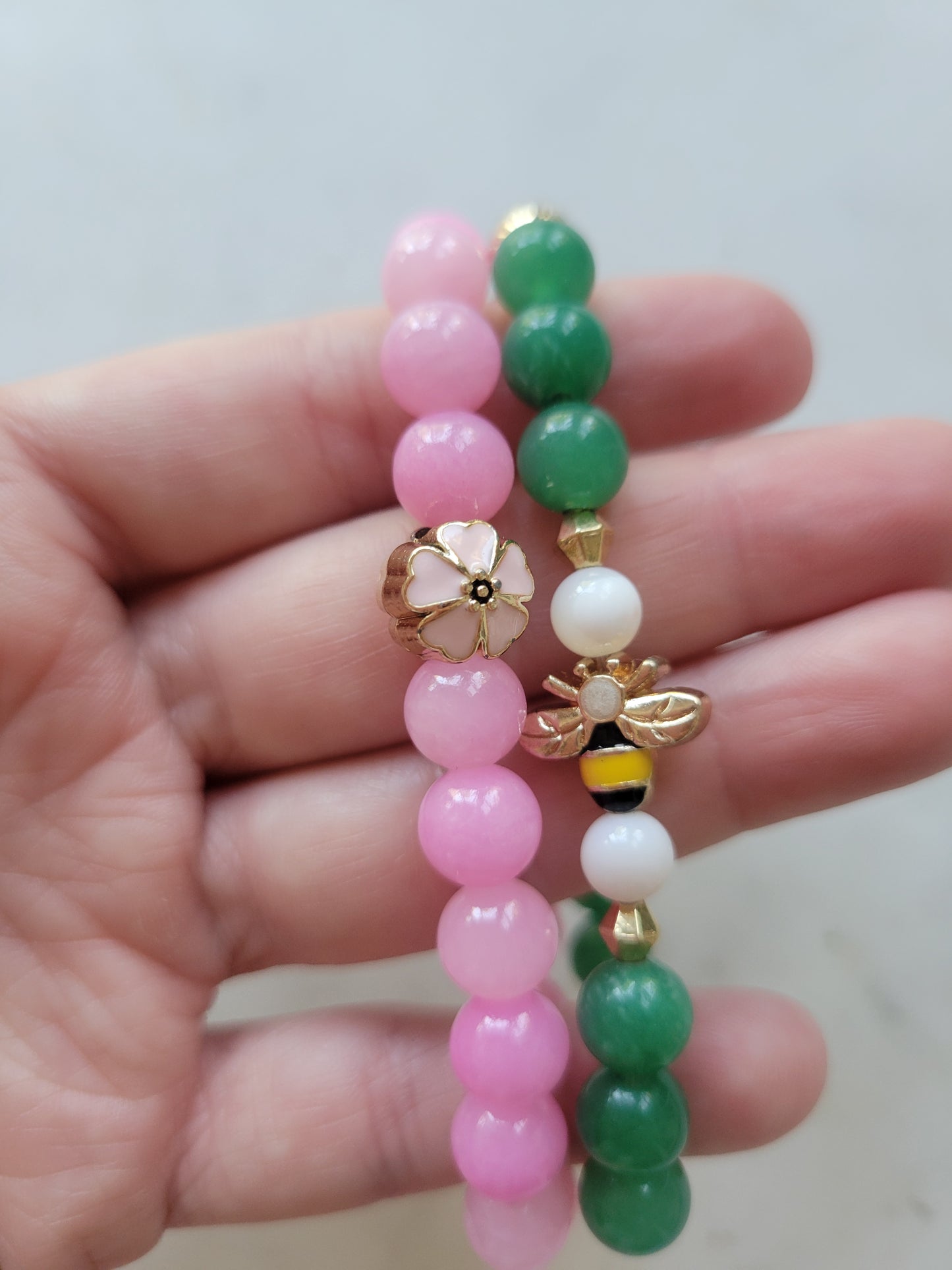 *Child's Size* Flower Child Stretchy Bracelet: Pink Jade