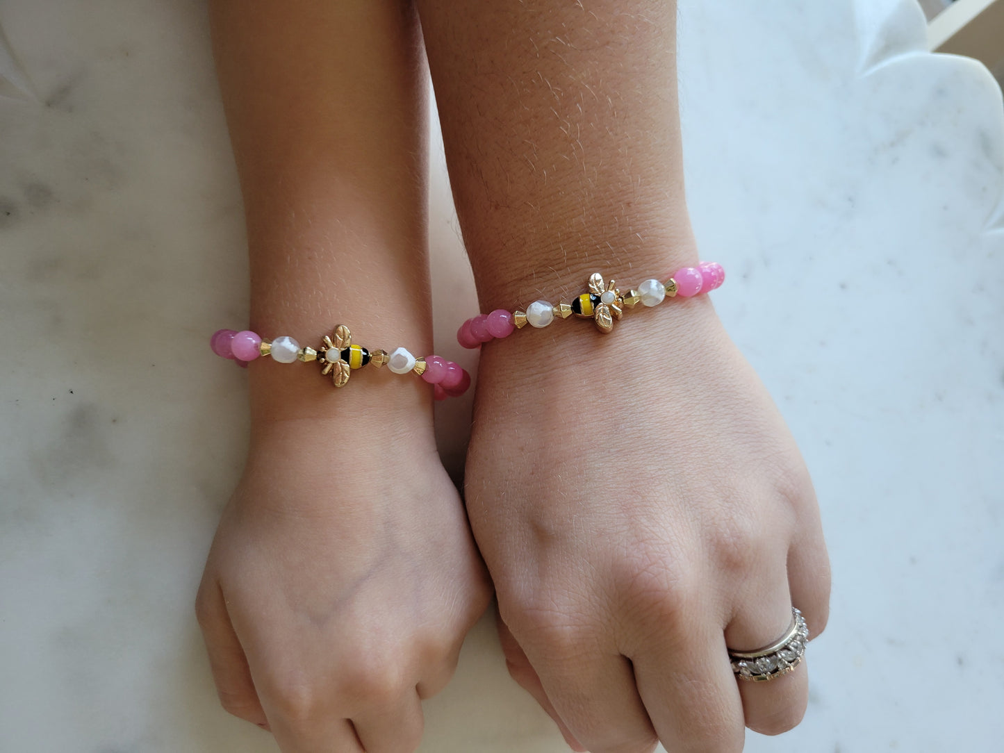 Bee & Pink Jade Beaded Bracelet