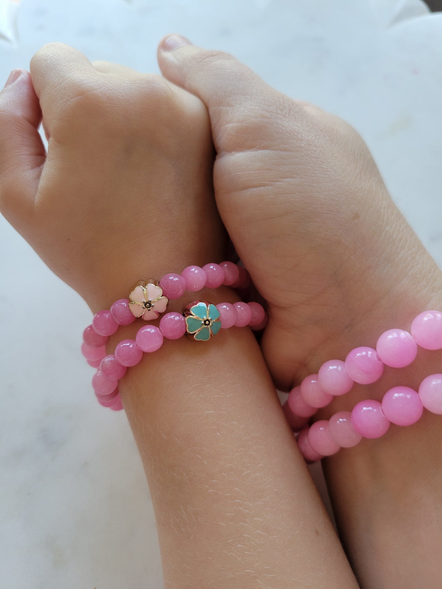 *Child's Size* Flower Child Stretchy Bracelet: Pink Jade