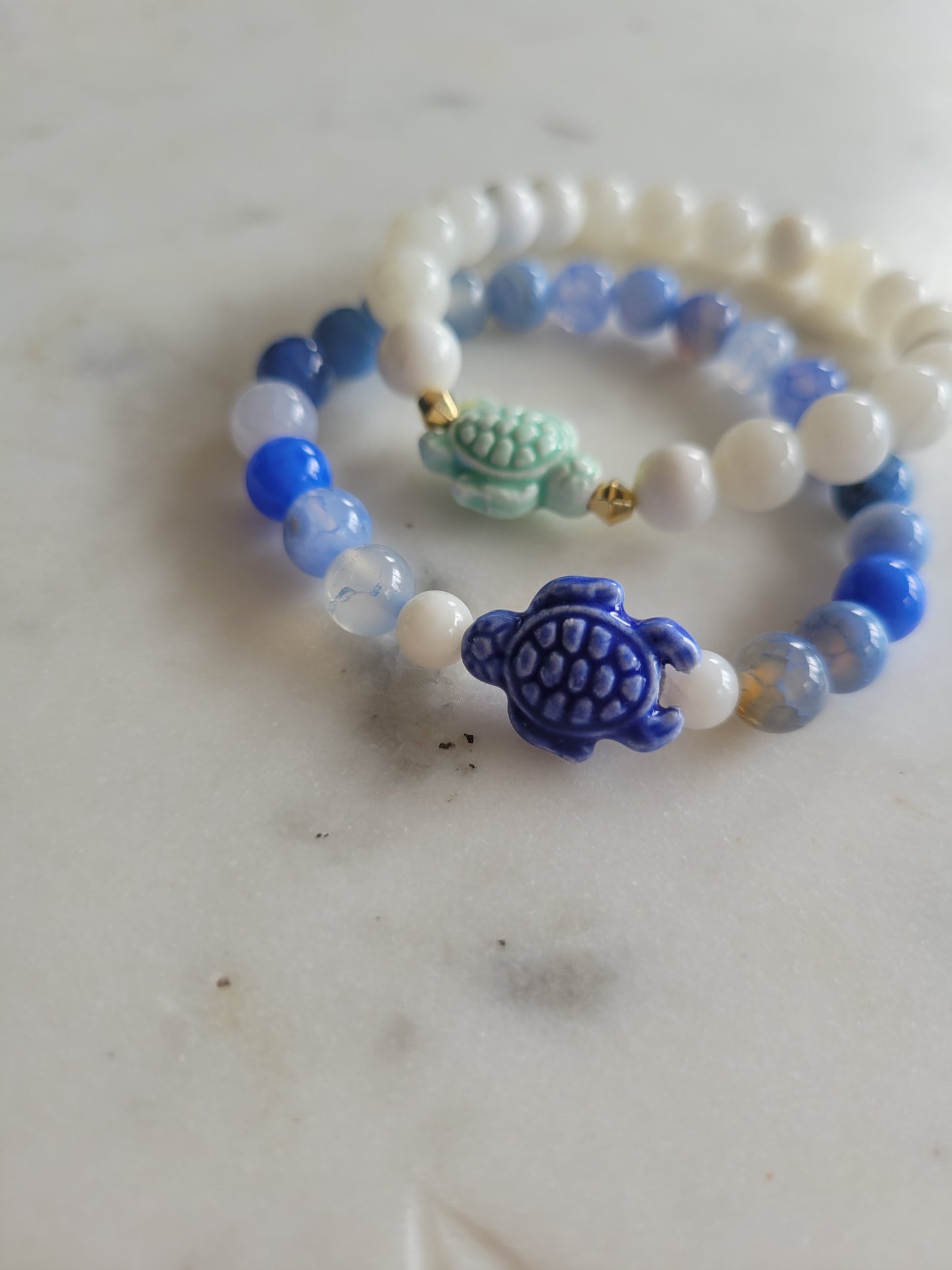 Blue Turtle & Blue Fire Agate Beaded Bracelet