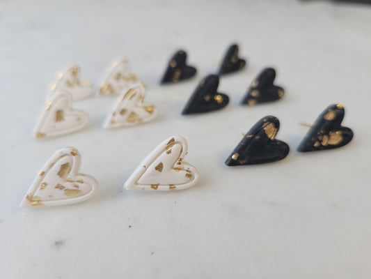 Gold Leaf Heart Studs: Black or White