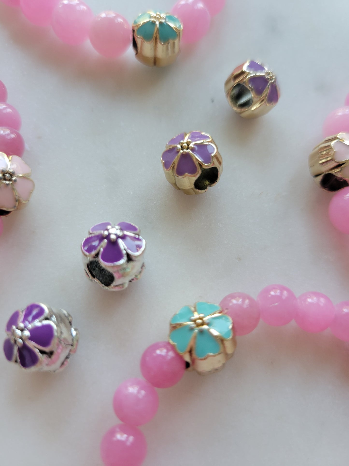 *Child's Size* Flower Child Stretchy Bracelet: Pink Jade