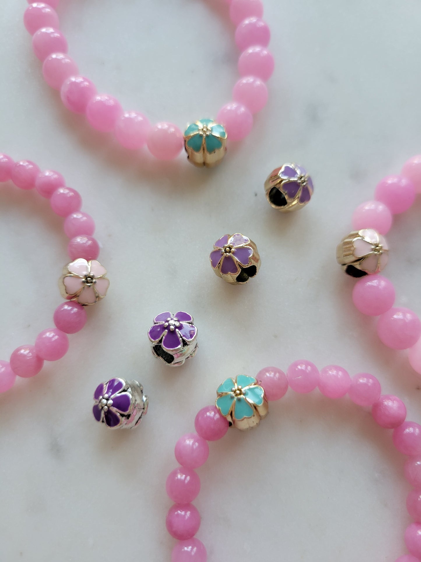 *Child's Size* Flower Child Stretchy Bracelet: Pink Jade