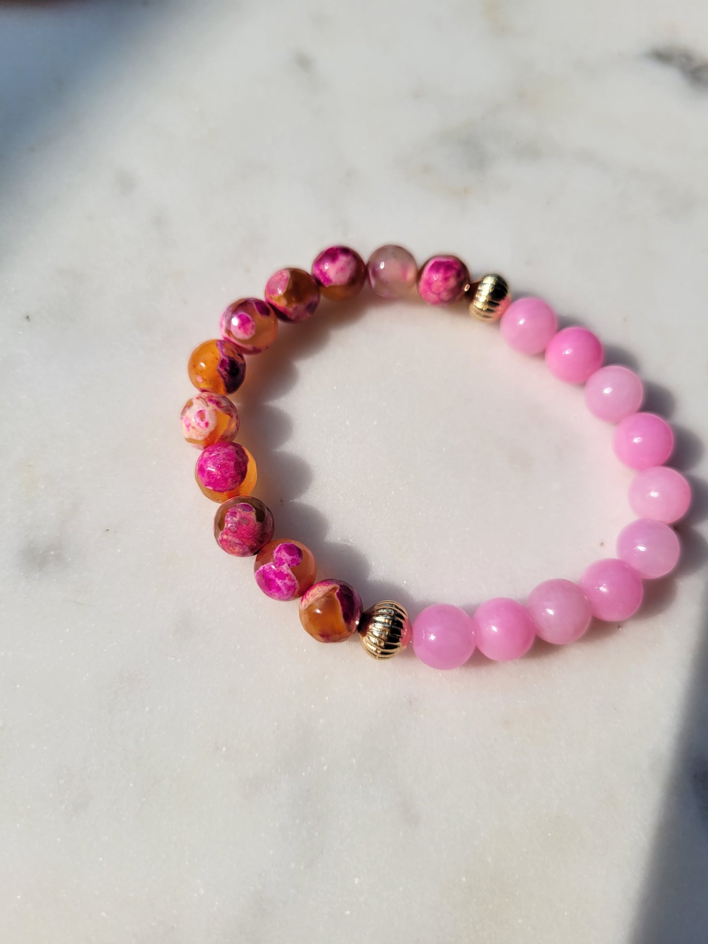 Pink Jade & Orange Fire Agate Beaded Bracelet