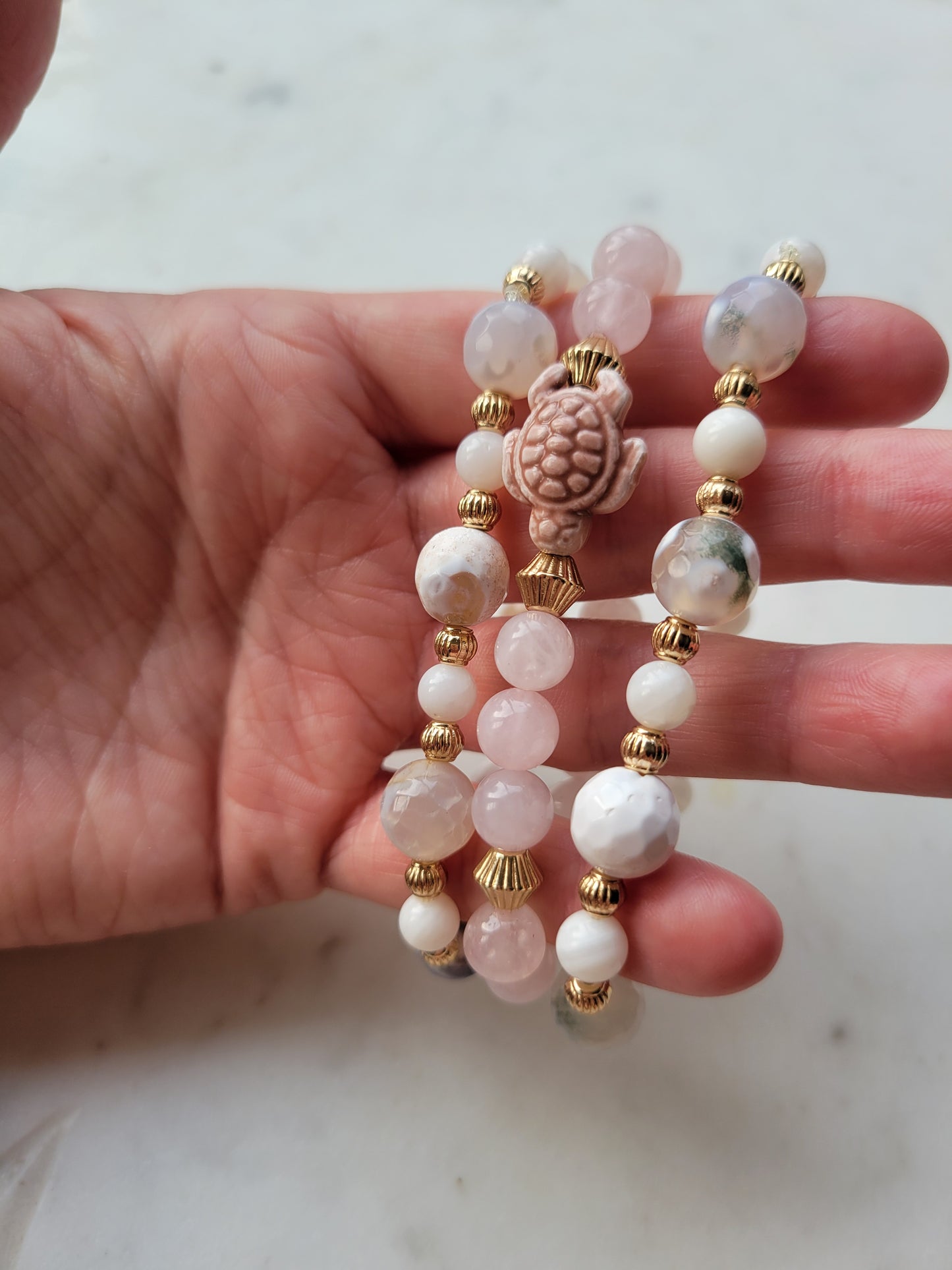 Turtle & Rose Quartz Beaded Bracelet