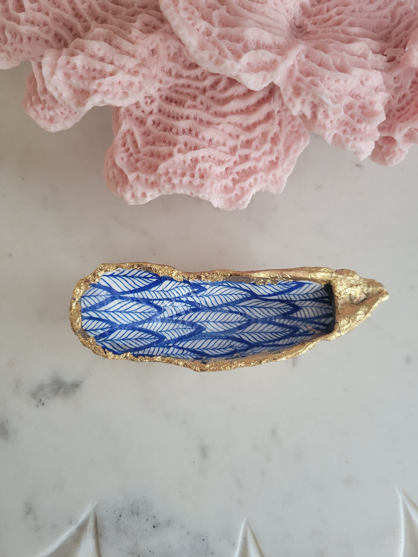 Oyster Shell Trinket Dish: Blue and White