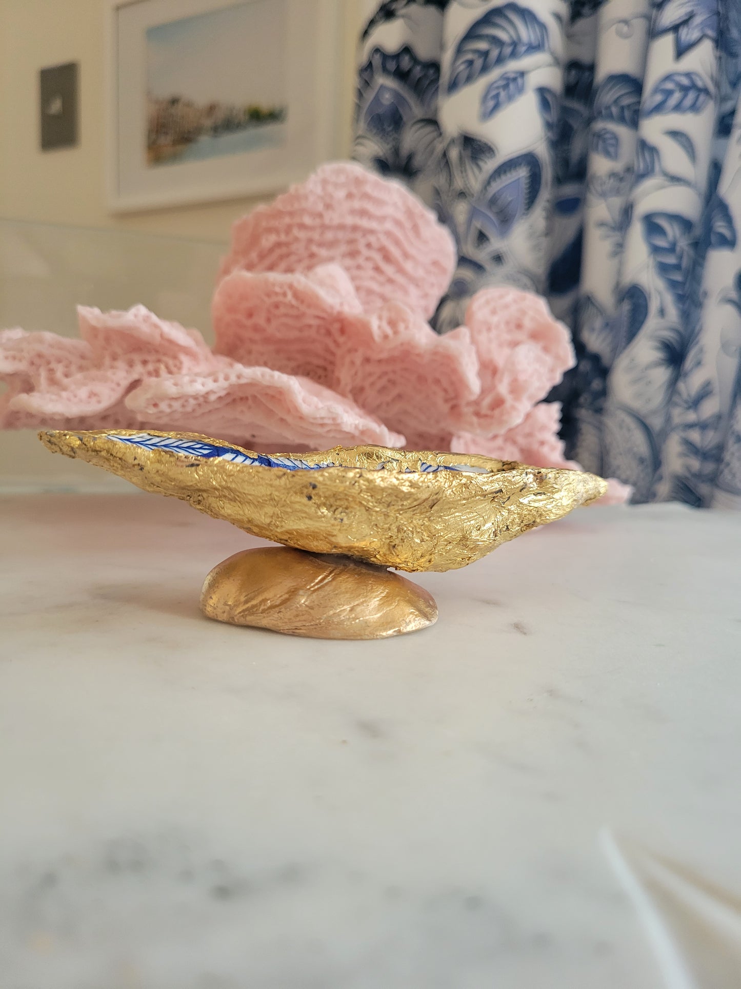 Oyster Shell Trinket Dish: Blue and White
