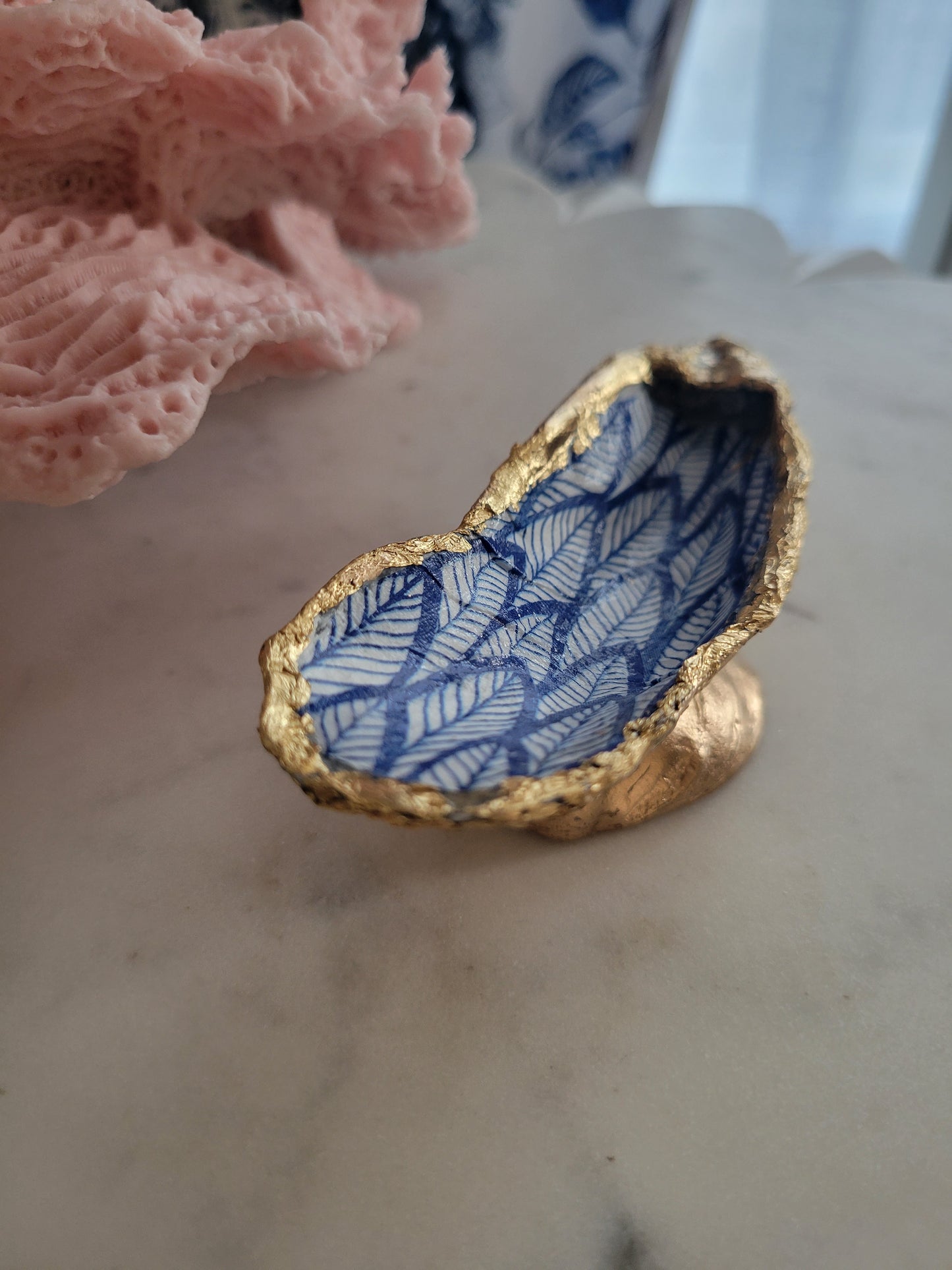 Oyster Shell Trinket Dish: Blue and White