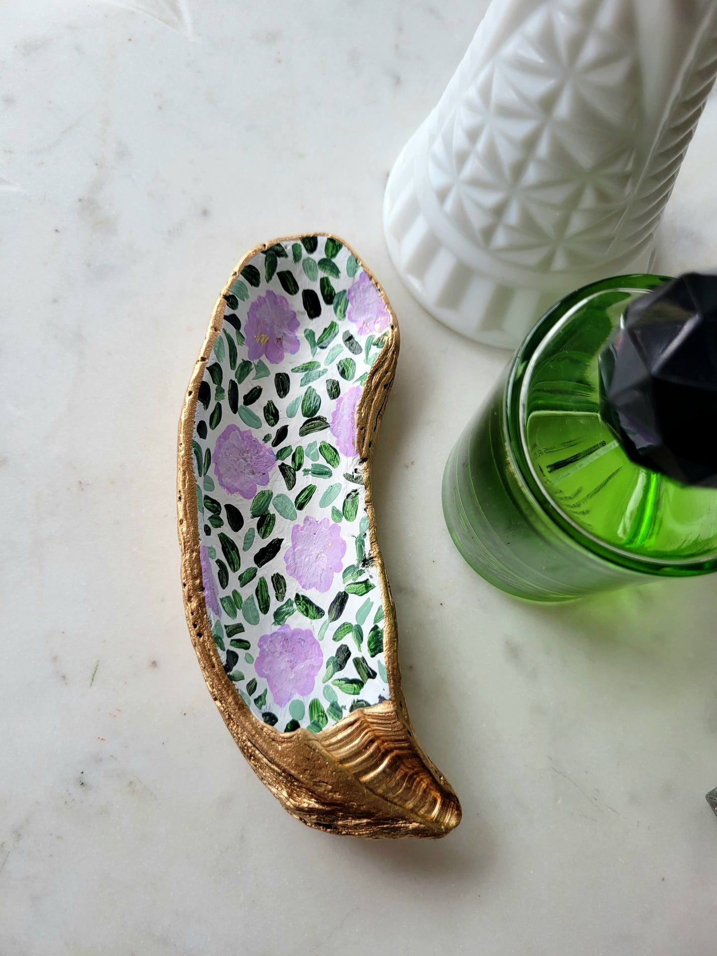 Oyster Shell Catch-All Dish: Handpainted Lavender Florals