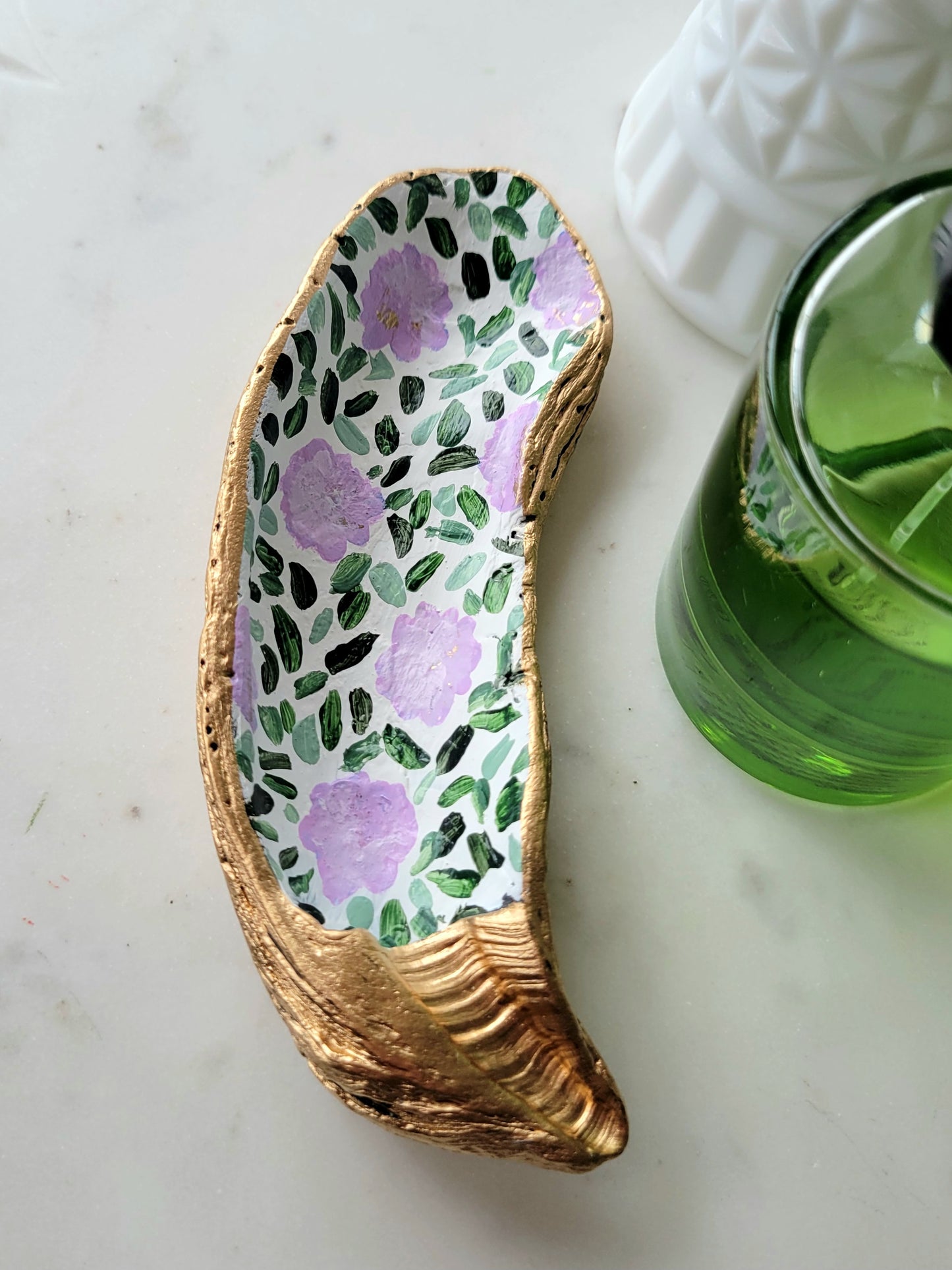Oyster Shell Catch-All Dish: Handpainted Lavender Florals
