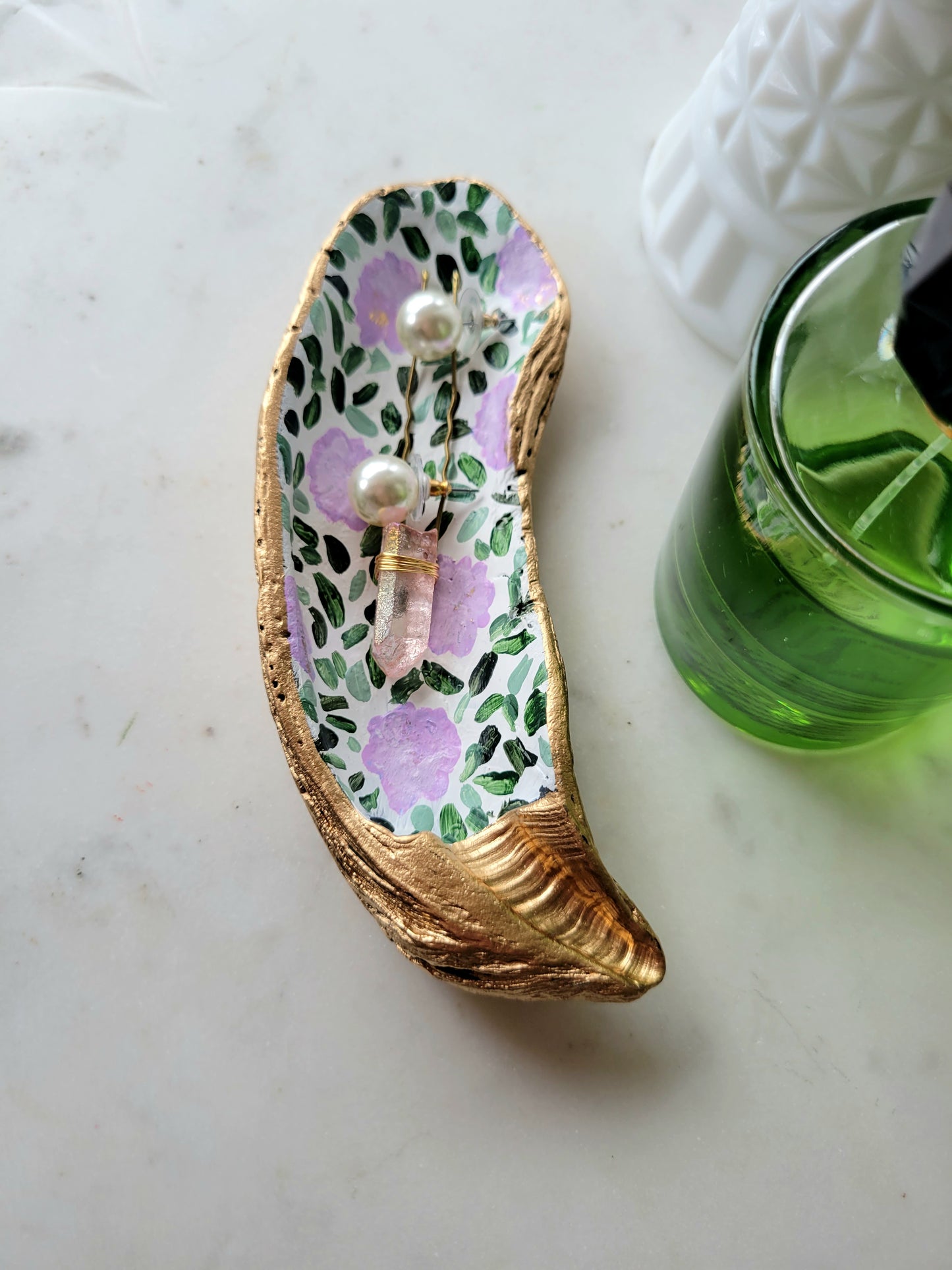 Oyster Shell Catch-All Dish: Handpainted Lavender Florals