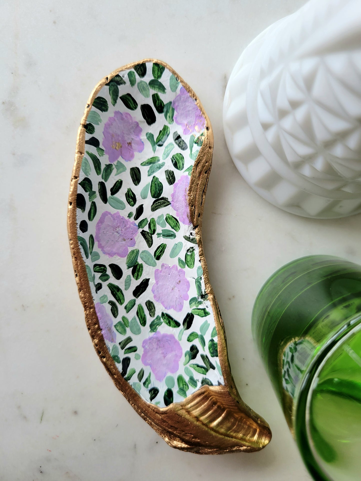 Oyster Shell Catch-All Dish: Handpainted Lavender Florals