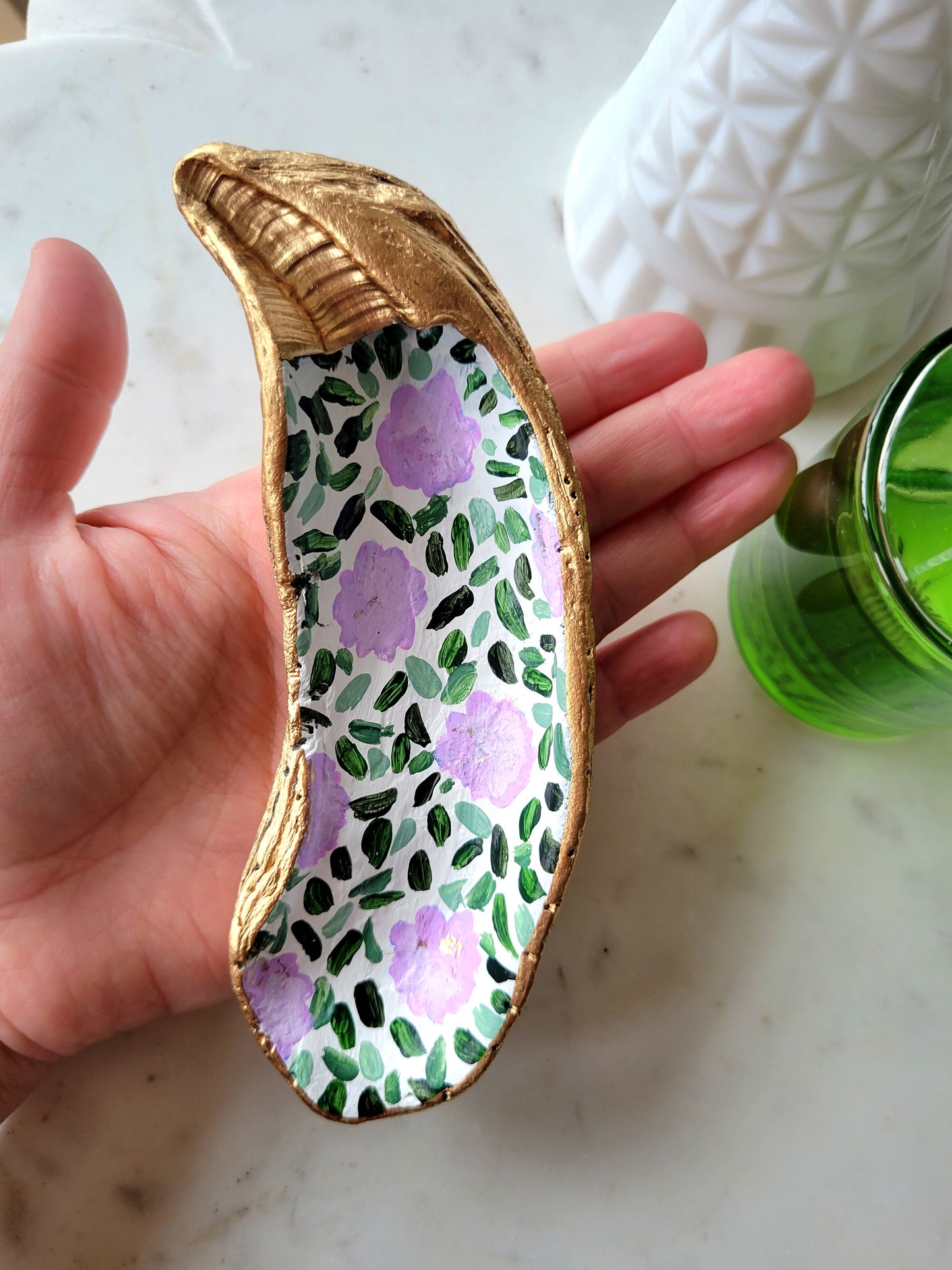 Oyster Shell Catch-All Dish: Handpainted Lavender Florals