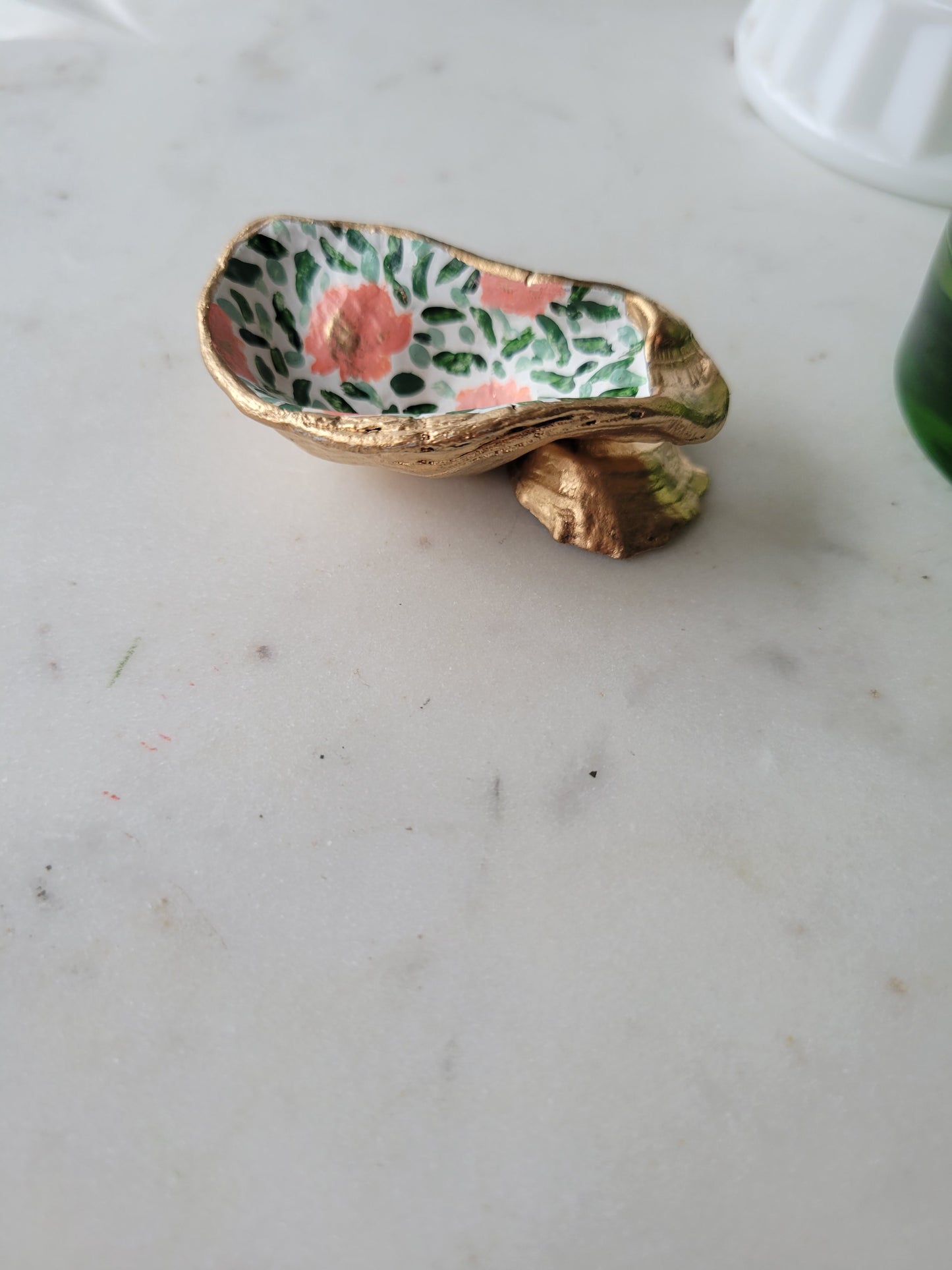 Oyster Shell Ring Dish: Handpainted Peach Florals
